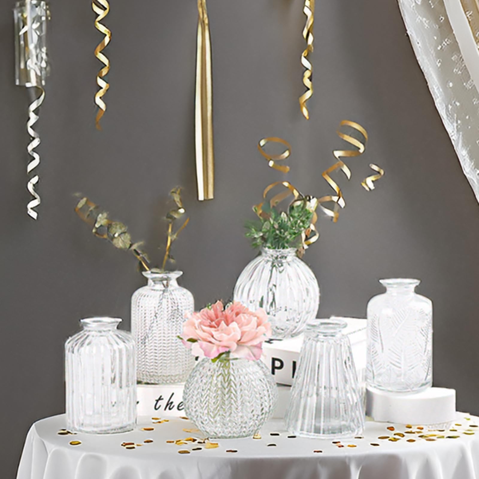EylKoi 6-Piece Set Small Glass Flower Vases - Clear Bud Vases in Different Shapes for Weddings, Home Decor & Table Centerpieces | Perfect for Wedding Decorations, Home Events & Floral Arrangements
