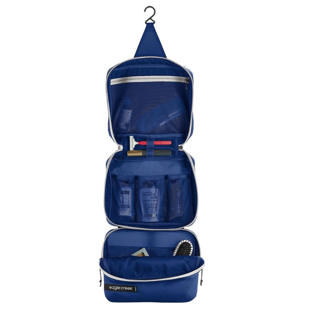 Eagle Creek PACK IT™ REVEAL Tri Fold Toiletry Kit - Aizome Blue/Grey | Compact Travel Organizer for Toiletries & Cosmetics | Perfect for Air Travel, Camping & Business Trips