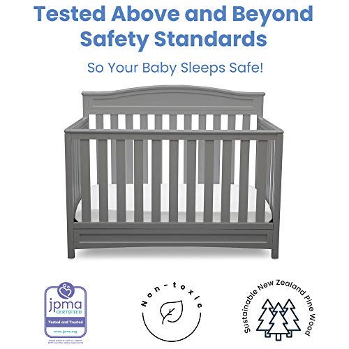 Delta Children Emery 4-in-1 Convertible Crib with Serta Perfect Slumber Dual-Sided Mattress - Grey Nursery Furniture Set | Safe for Newborns, Toddlers to Full-Size Bed | Eco-Friendly Recycled Fiber Core | Perfect for Baby Rooms, Daycares & Guest Rooms