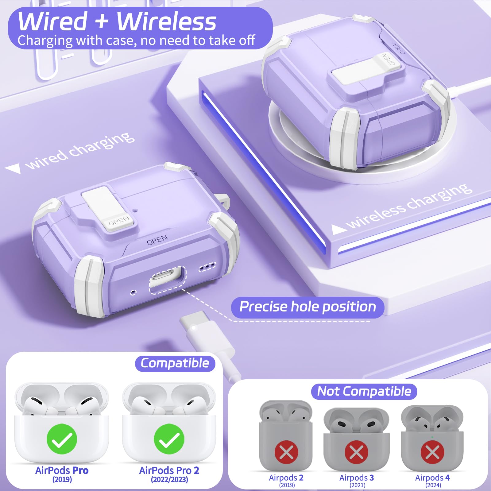 MagSafe AirPods Pro 2 Case with Stand & Cleaner - Purple for Work & Travel