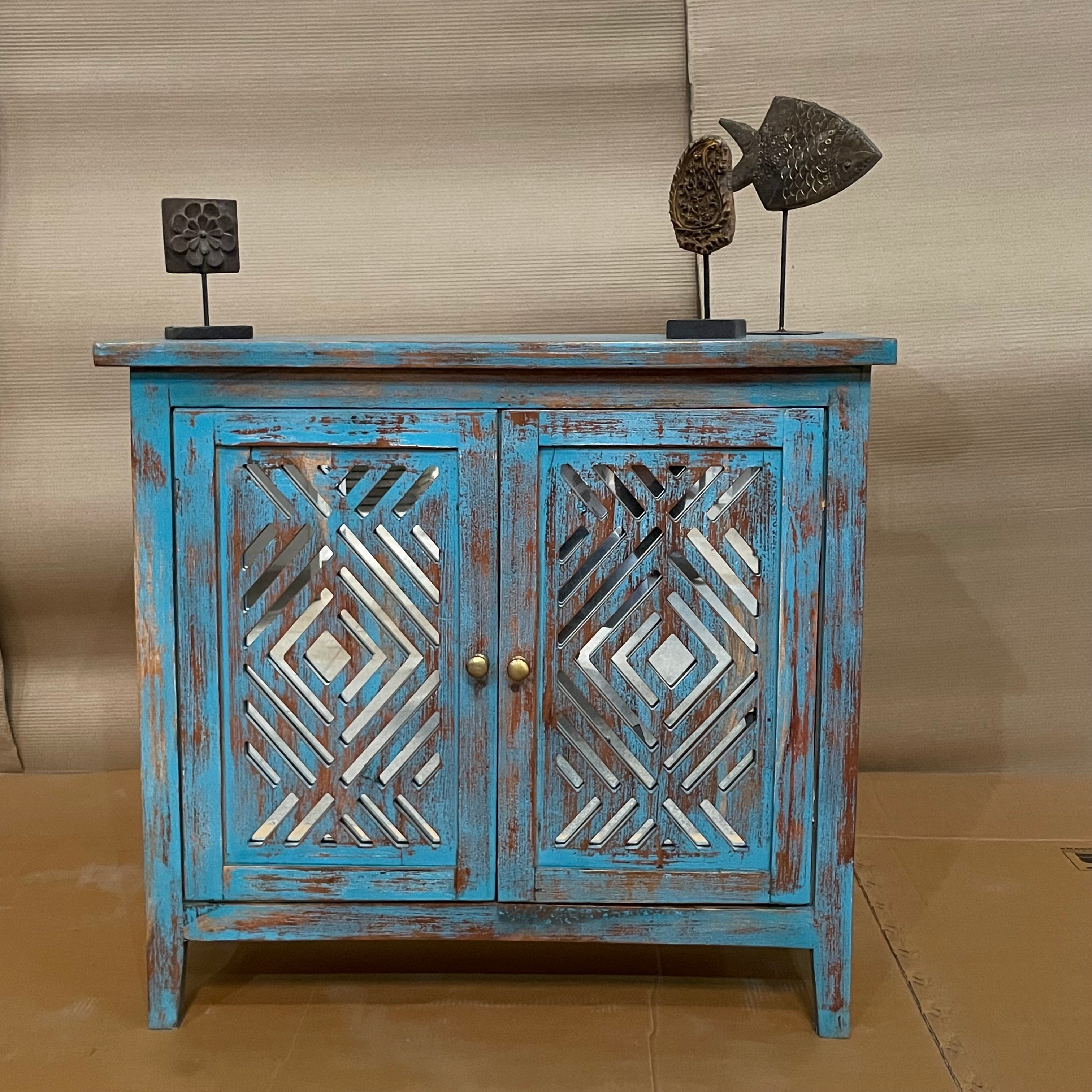 Handcrafted Indian Solid Hardwood Cabinet with 2 Mirror Doors - Blue | Vintage Boho Bedroom & Living Room Storage Furniture for Home Decor