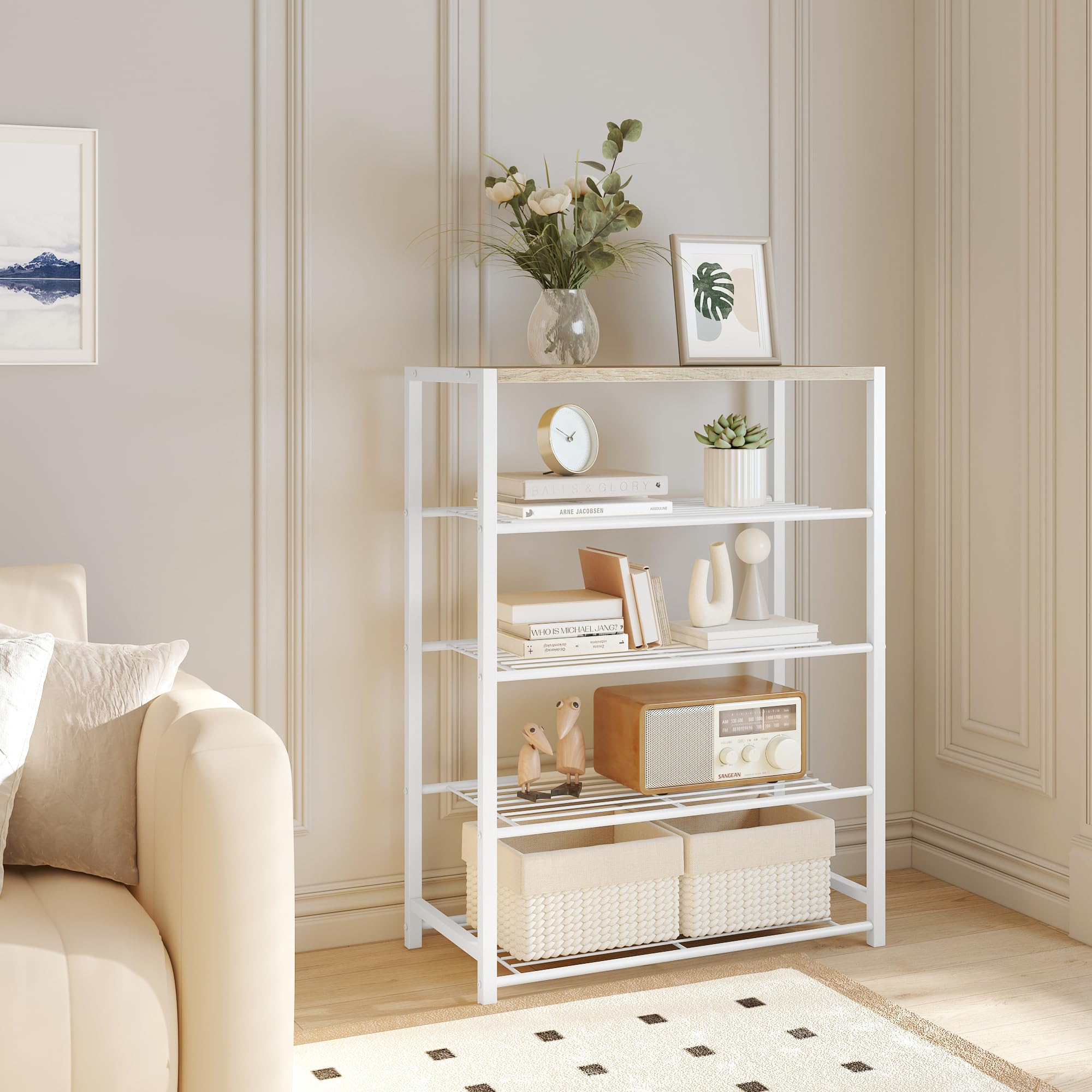 5-Tier Industrial Shoe Rack Organizer - Narrow Sturdy Metal Shoe Storage Shelf for Closet & Entryway - Space-Saving Shoe Display for Home & Office (White)