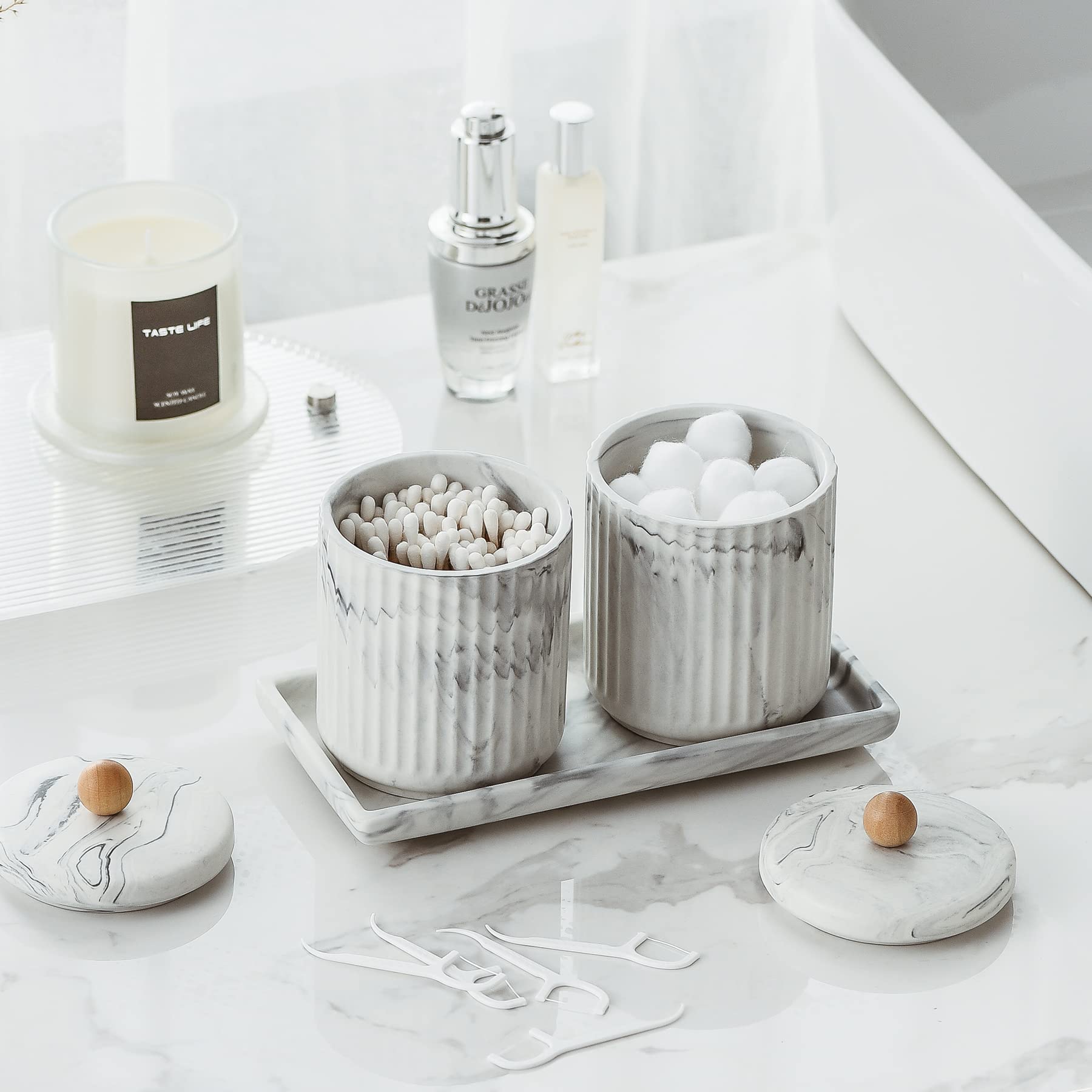 Marble Ceramic Cotton Swab Holder with Lid & Dresser Organizer Set - Small Bathroom Storage Jar for Cotton Balls, Q-Tips & Beauty Essentials | Perfect for Vanity, Bathroom Counter, Kitchen & Office Organization