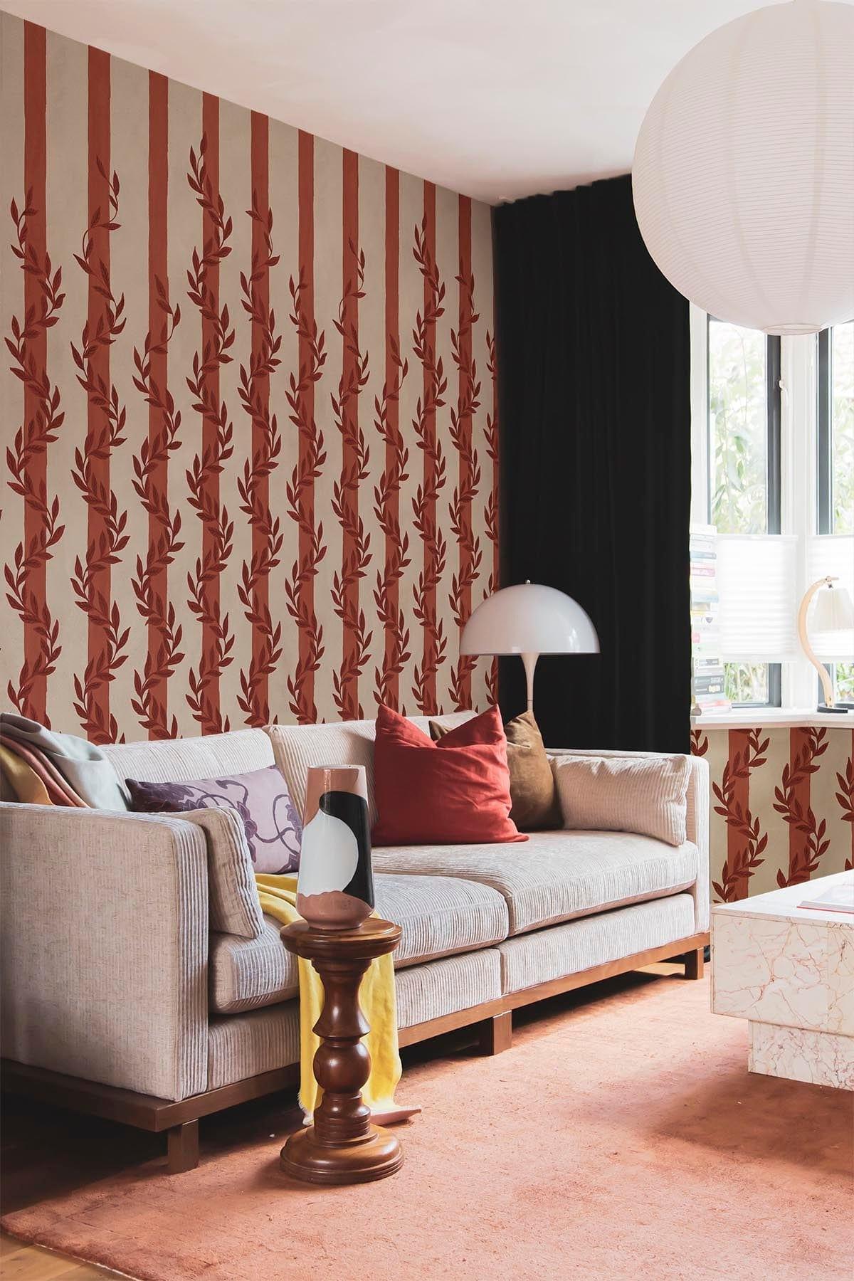 Botanical Stripe Red Home Decor Pillow Cover - Floral Pattern Cushion Case for Sofa, Bed, Living Room & Outdoor Use
