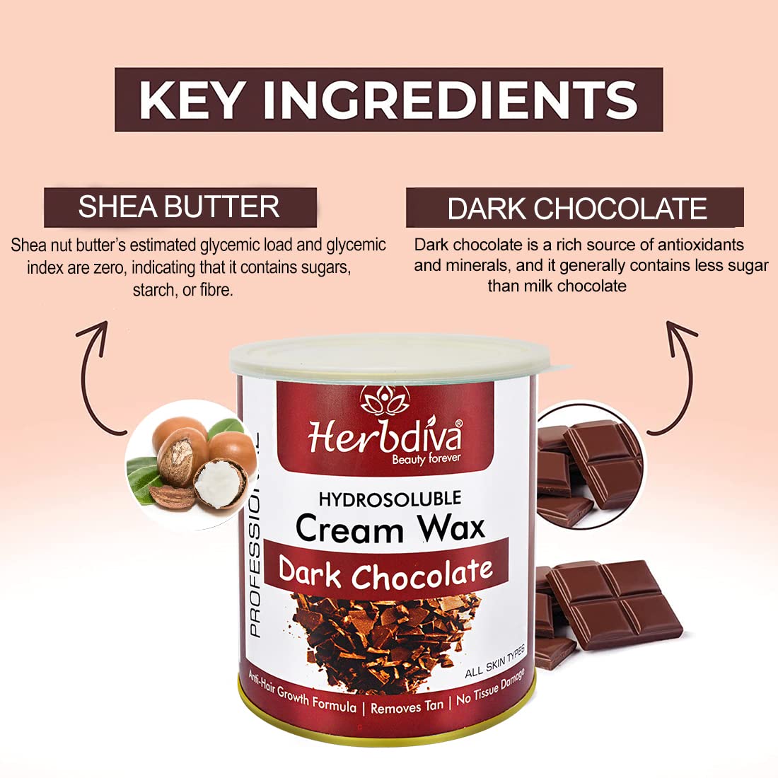 Herbdiva Hydrosoluble Dark Chocolate Cream Wax 800g - Professional Hair Removal & Skin Care for Silky Smooth Skin | Made in India with Natural Ingredients | Suitable for All Skin Types | At-Home Spa & Salon Use
