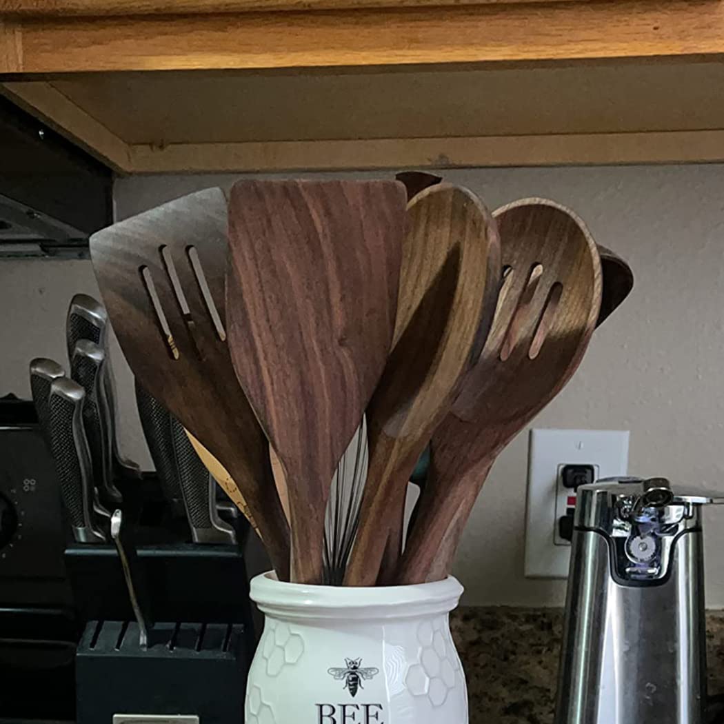 Premium Black Walnut Kitchen Utensils Set - Handcrafted Natural Wooden Spoons, Slotted Spoon, Spaghetti Server & Spatula for Cooking, Baking & Serving | Eco-Friendly Wooden Utensils for Professional Chefs & Home Cooks | Perfect for Pasta, Salad, Soups & Everyday Cooking