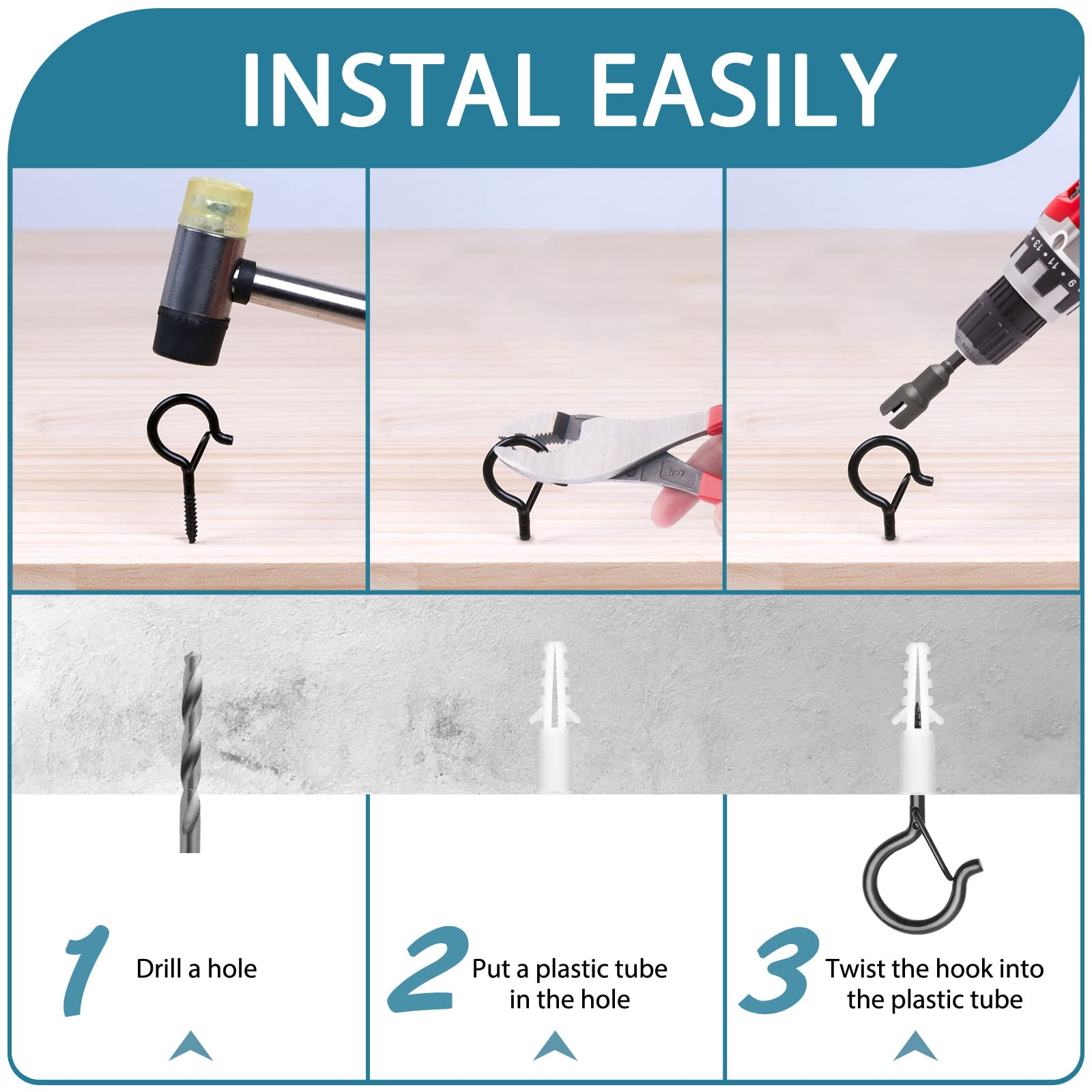 Mckanti Heavy Duty Screw Hooks for Outdoor String Lights - Rustproof Metal Hanging Hooks with Safety Buckles - Perfect for Patio, Garden, Pergola & Backyard Decor (12 Pack)