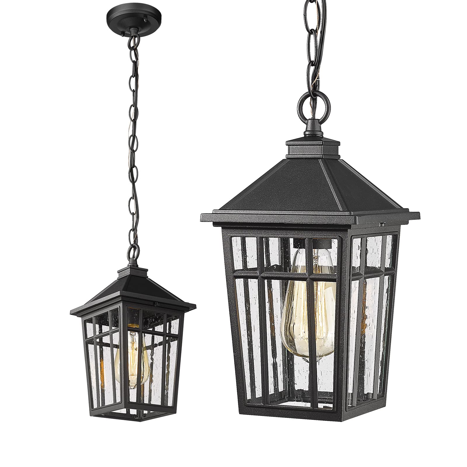 Darkaway Outdoor Pendant Light Fixture - Waterproof Rust-Resistant Aluminum Hanging Light with Seeded Glass for Porch, Entryway, Doorway - Farmhouse Black Style - Perfect for Patio, Deck, Garden & Outdoor Dining Areas