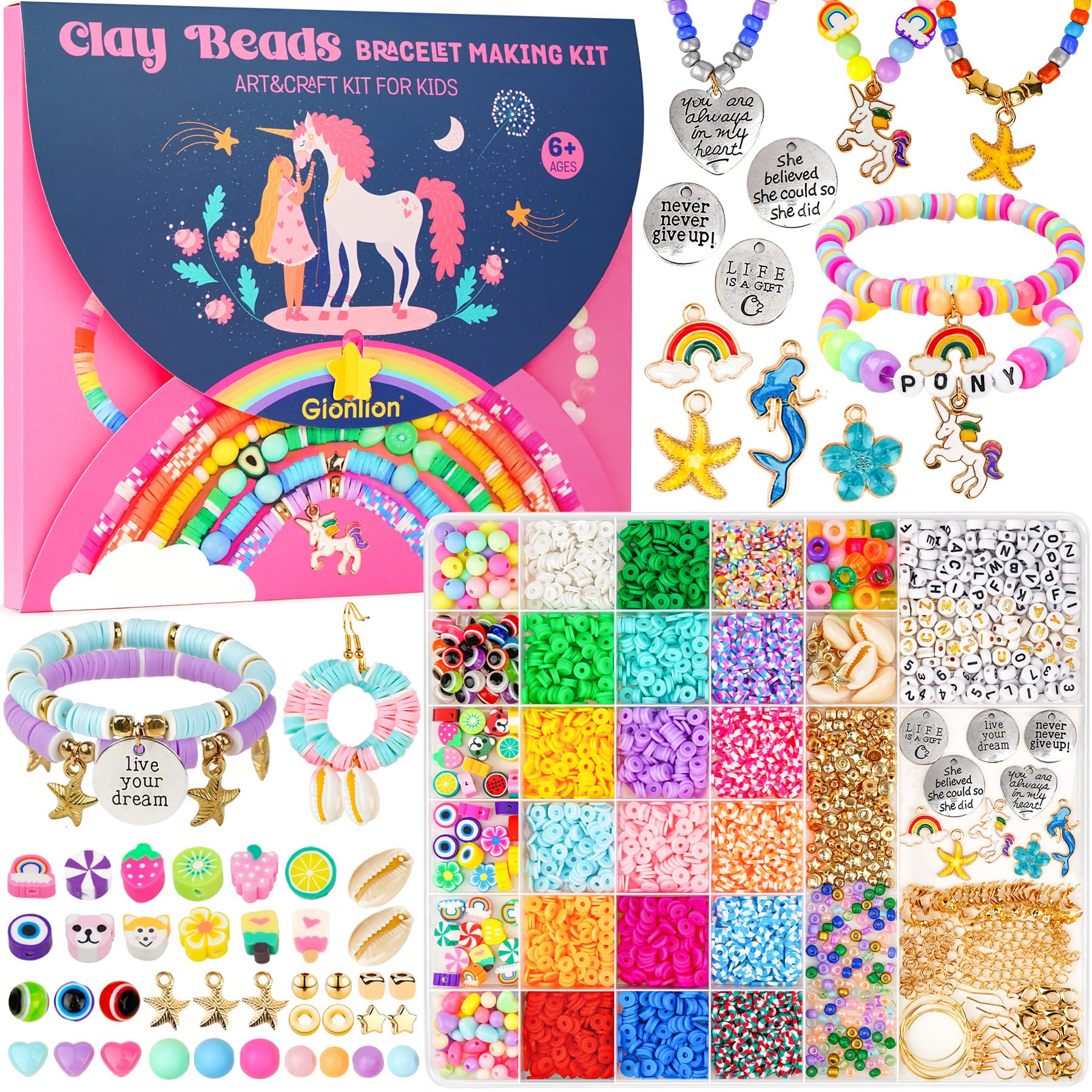 Gionlion DIY Bracelet Making Kit for Girls - Unicorn & Mermaid Charms Jewelry Supplies, Easter Basket Stuffers, Arts and Crafts Gift for Kids Age 6-13 - Perfect for Birthday Parties, Easter Gifts & Creative Playtime