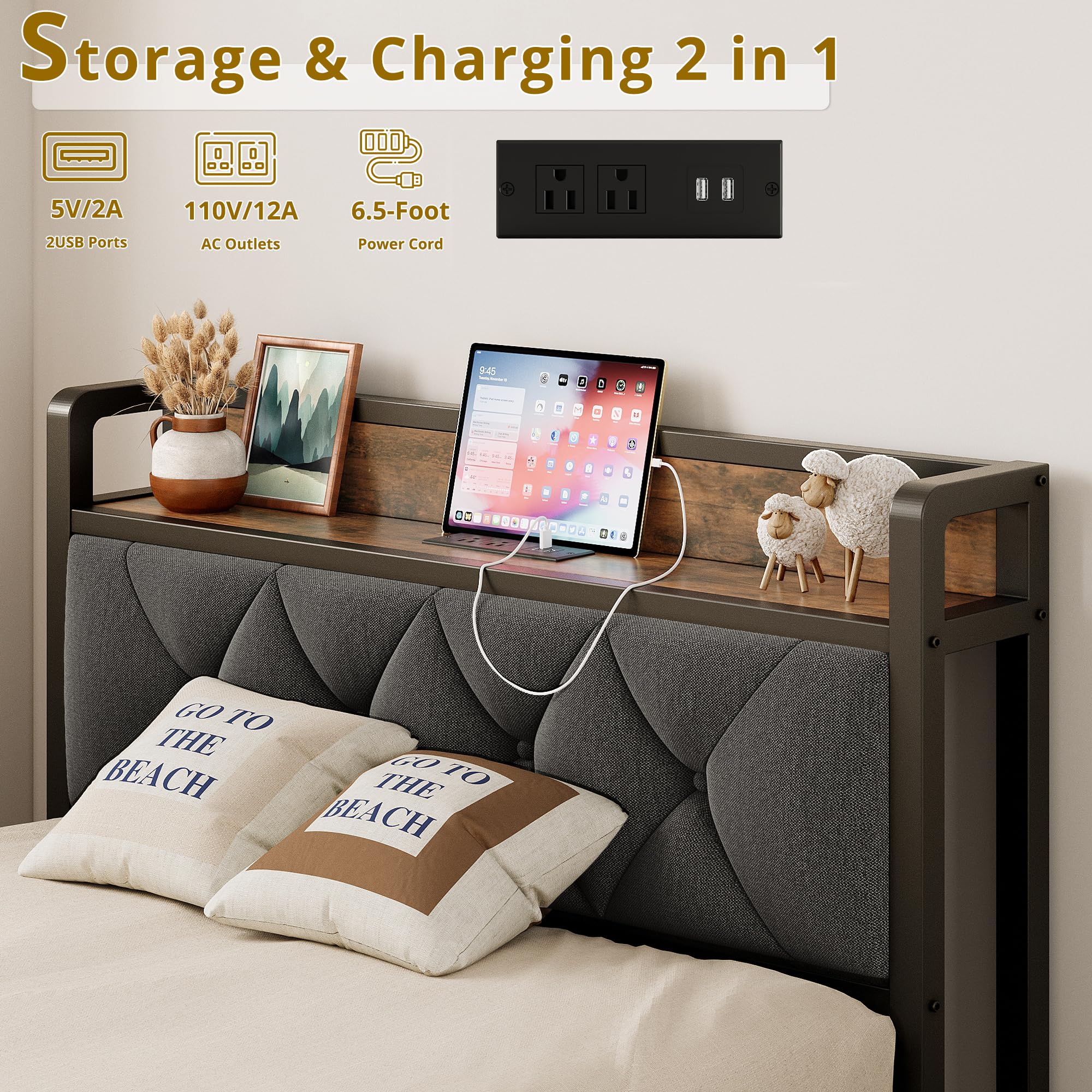ANCTOR Twin XL Bed Frame with Storage Headboard & USB Outlets - Easy Assembly, Sturdy Metal Platform Bed, No Box Spring Needed - Ideal for Small Spaces, Dorms & Guest Rooms