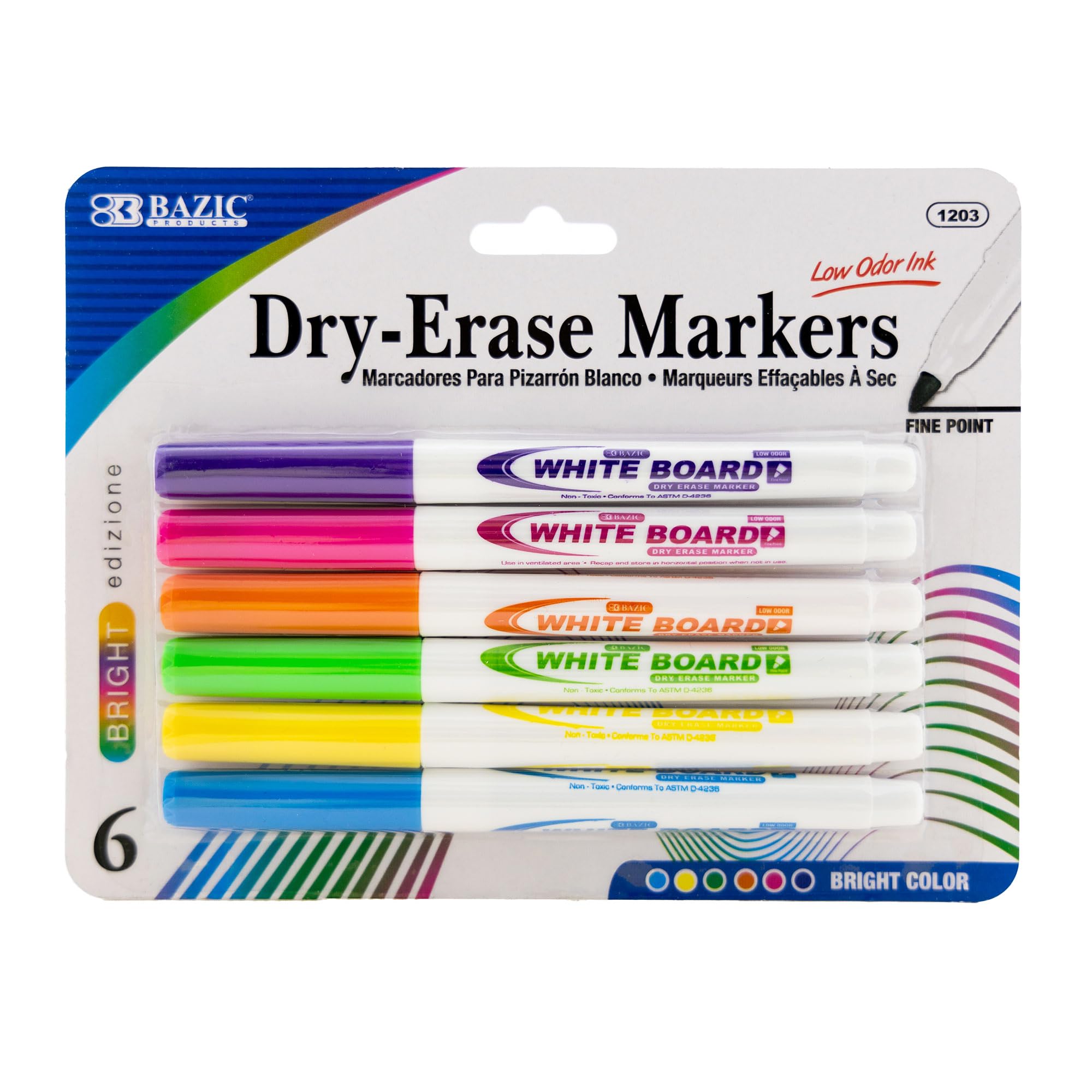 BAZIC Dry Erase Markers 12-Color Set - Fine Tip Whiteboard Markers, Low Odor White Board Pens for Office, School & Home Use - 6-Pack (72 Markers Total) - Ideal for Presentations, Classroom Teaching & Office Meetings