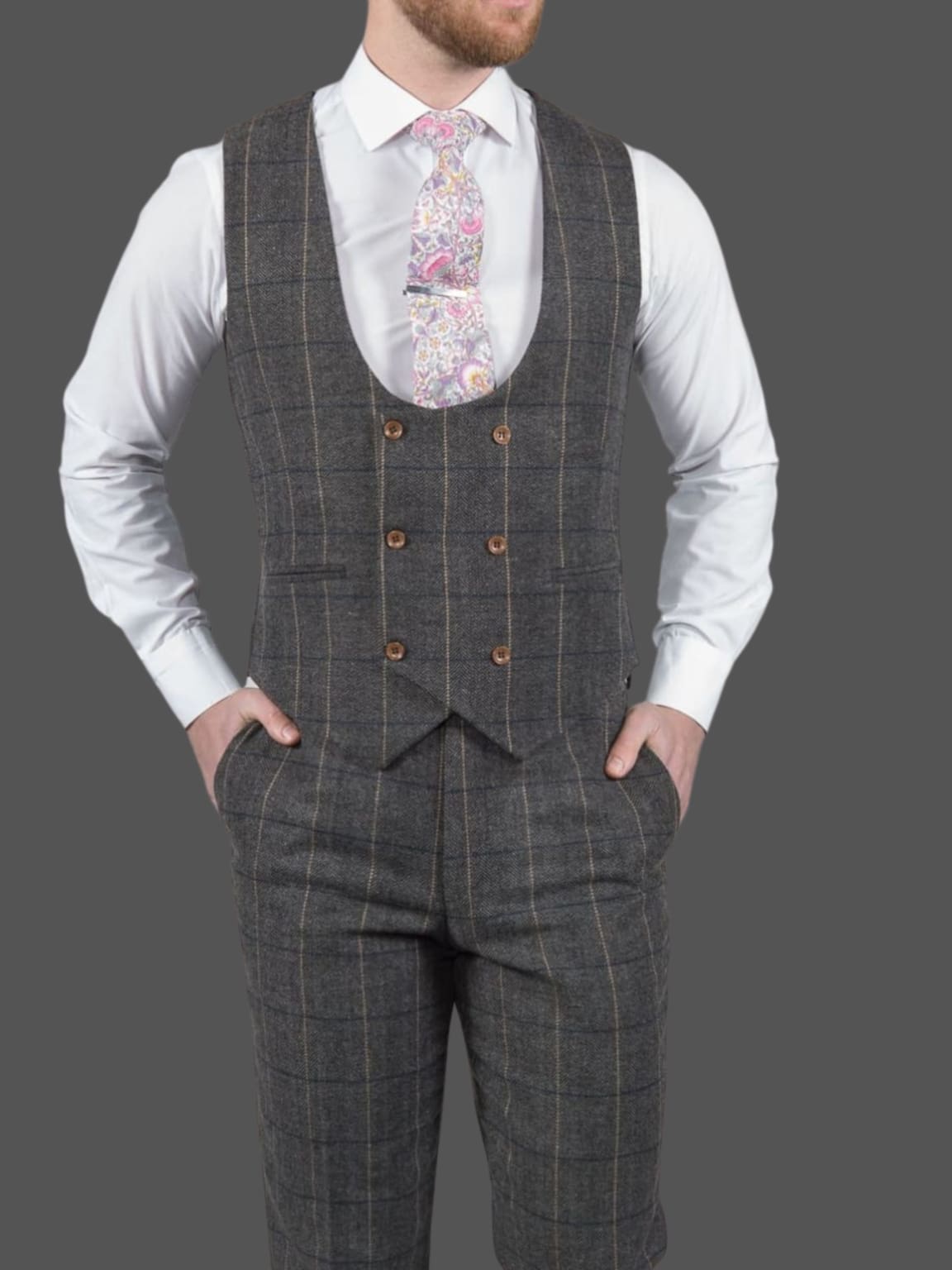 Ezra Men's Grey Herringbone Slim Fit 3 Piece Tweed Suit | Formal Business Attire | Wedding, Office & Special Occasion Outfit