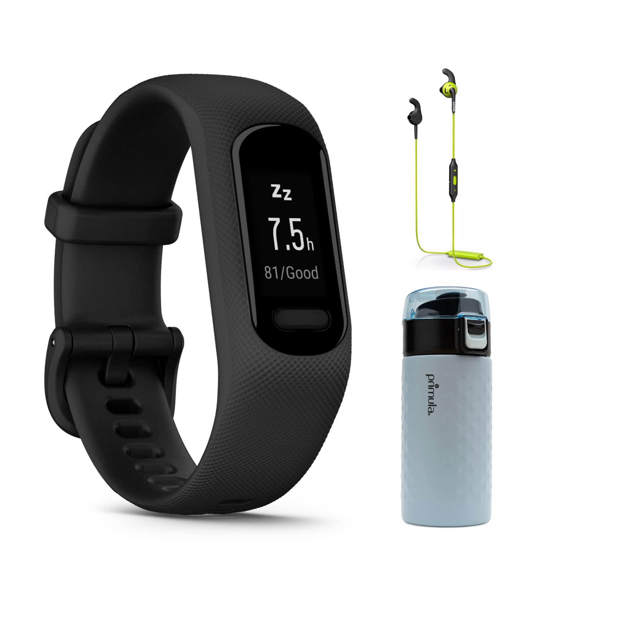 Garmin Vivosmart 5 Fitness Tracker with Heart Rate Monitor - Black Large Size | Philips ActionFit Wireless Sports Headphones | 12oz Insulated Stainless Steel Tumbler | 3-Piece Fitness Bundle for Running, Gym & Outdoor Activities
