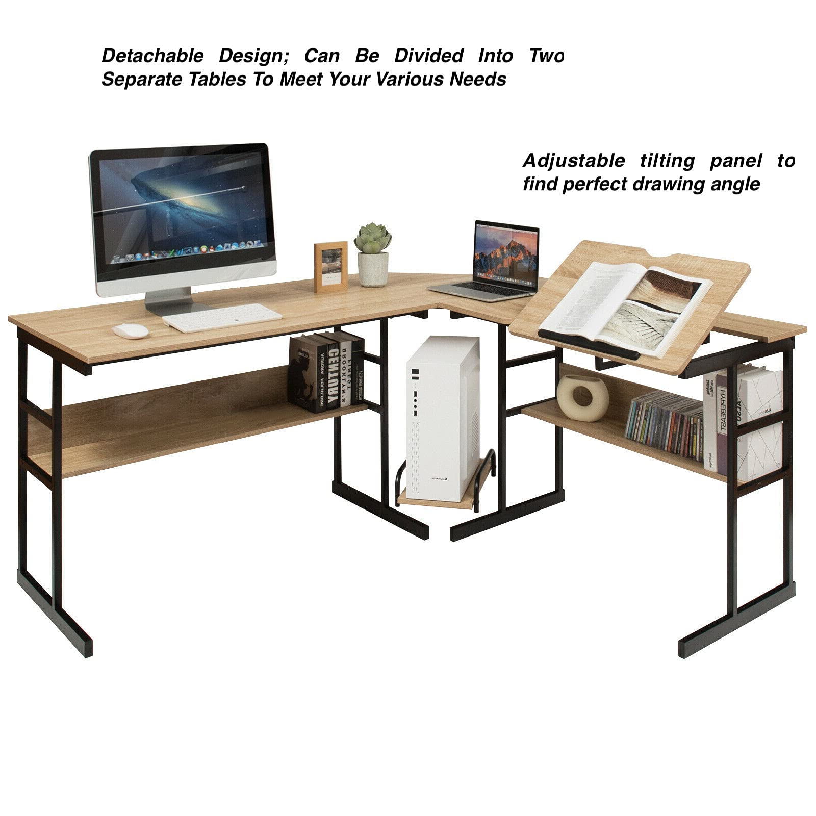 Ergonomic L-Shaped Corner Computer Desk with Adjustable Tilt Top - Home Office Workstation with 2 Open Bookshelves, Perfect for Writing, Drawing & Studying - Convertible into 2 Separate Tables for Versatile Workspace Solutions