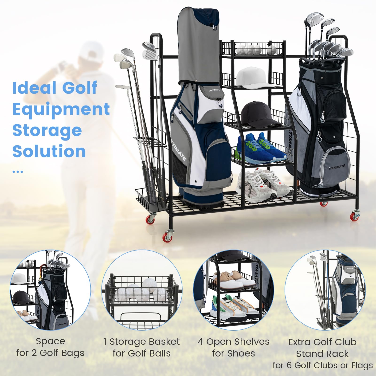 Tangkula Heavy Duty Metal Double Golf Bag Storage Rack with Removable Club Stand, Shelves & Lockable Wheels - Extra Large Golf Equipment Organizer for Garage, Basement or Clubhouse - Perfect for Storing Golf Bags, Clubs & Accessories