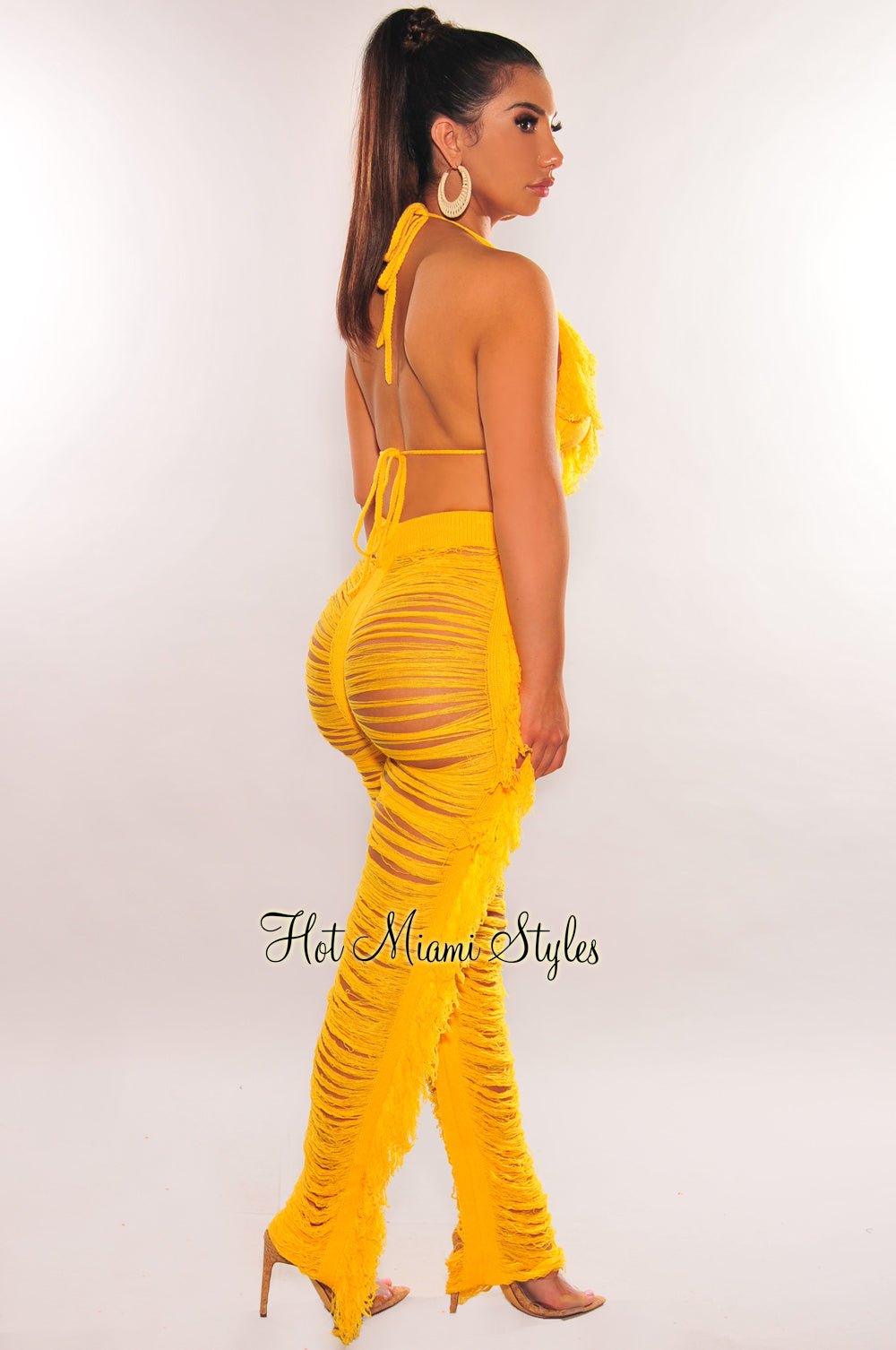 Yellow Knit Halter Triangle Top & Fringe Ladder Cut Pants 2-Piece Set | Summer Boho Outfit for Beach, Music Festival & Vacation | Women's Fashion Crop Top and High Waist Pants