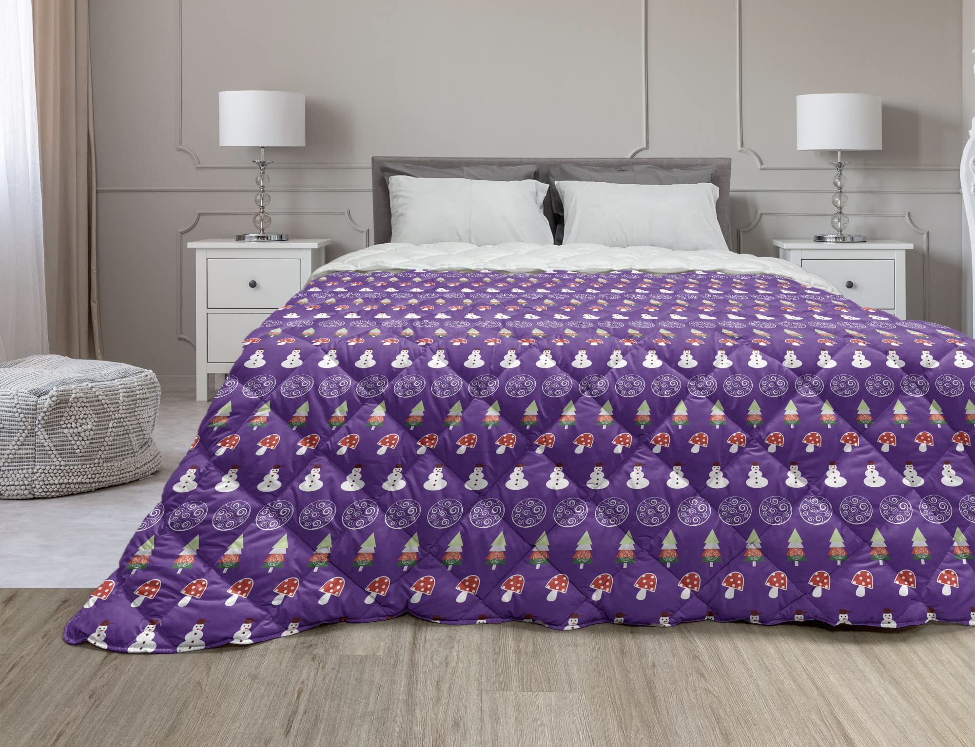 Ambesonne Tree Down Alternative Comforter - Snowman Winter Breeze Mandala Swirling Mushroom Pattern, All-Season Microfiber Quilt, Twin Size in Quartz White & Scarlet - Perfect for Cozy Winter Nights, Guest Bedrooms & Holiday Decor