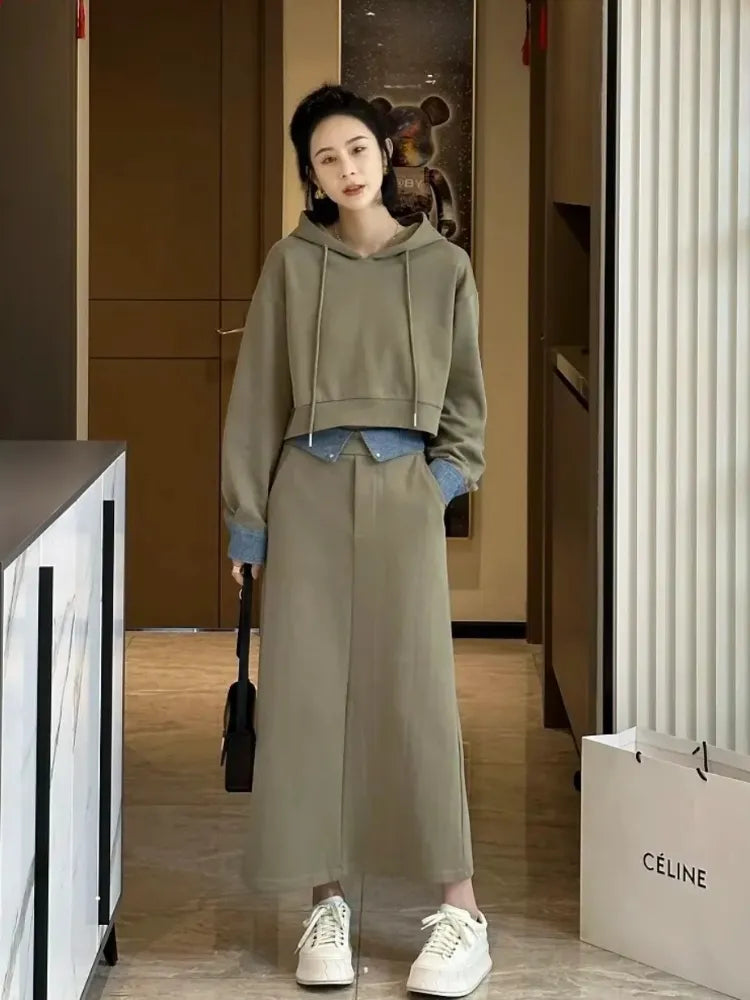 2024 Autumn Korean Fashion 2-Piece Set - Long Sleeve Hooded Sweater & Casual Skirt Matching Outfit | Women's Coordinated Dress Sets for Fall | Perfect for Daily Wear, Office, and Date Nights