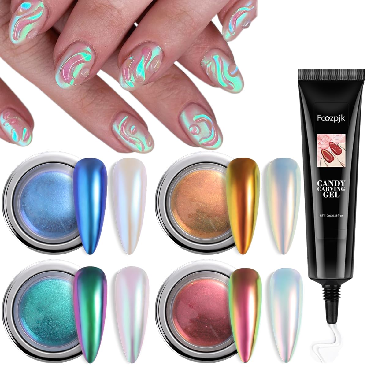 4 Colors Mirror Effect Chameleon Chrome Nail Powder Set with 3D Sculpting Gel - Gold Pink Blue Iridescent Aurora Pigment for Nail Art Glitters & Decorations | Perfect for Salon Manicures, DIY Nail Designs & Special Occasions