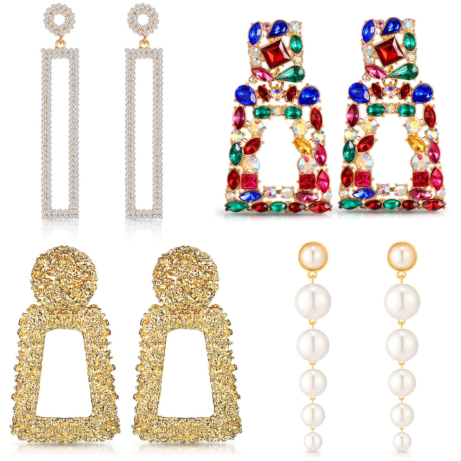 4 Pairs Rhinestone Rectangle Dangle Earrings for Women - Boho Faux Pearl Hoop Long Drop Earrings, Acrylic Geometric Statement Jewelry - Perfect for Daily Wear, Parties, Weddings & Special Occasions