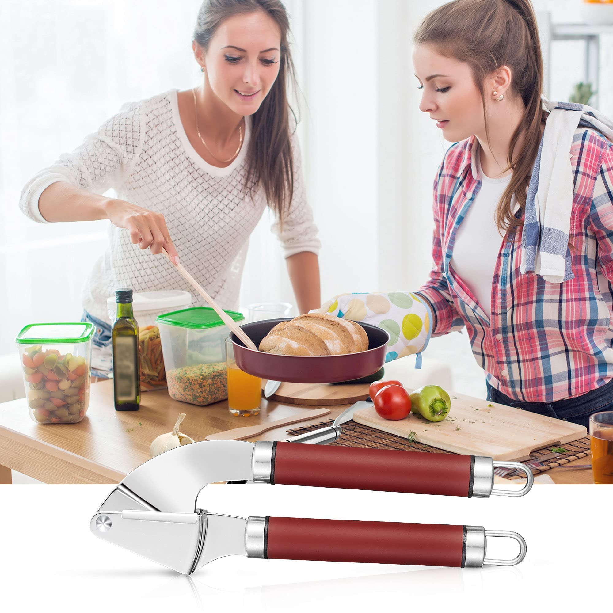 Premium Stainless Steel Garlic Press & Mincer Set - Professional Grade Garlic Crusher with Peeler - Dishwasher Safe, Rust-Proof & Easy Clean - Ideal for Cooking, Meal Prep & Kitchen Use (Red)