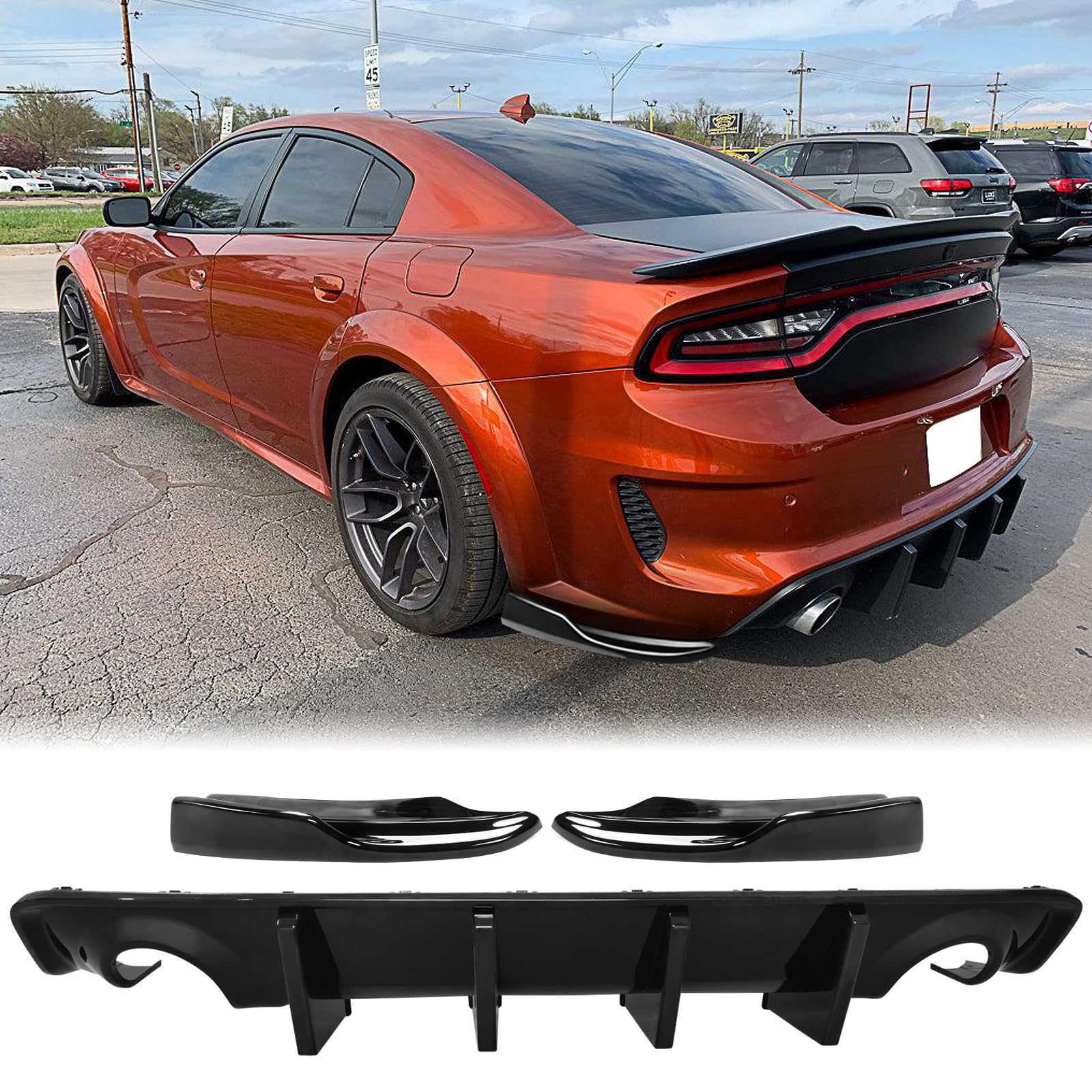 FREEMOTOR802 Rear Diffuser for 2020-2023 Dodge Charger Widebody - Gloss Black PP Bumper Lip with 4 Fins & Side Apron Spats | IKON Style Upgrade | Enhances Aerodynamics & Sporty Look for Street Racing & Car Shows
