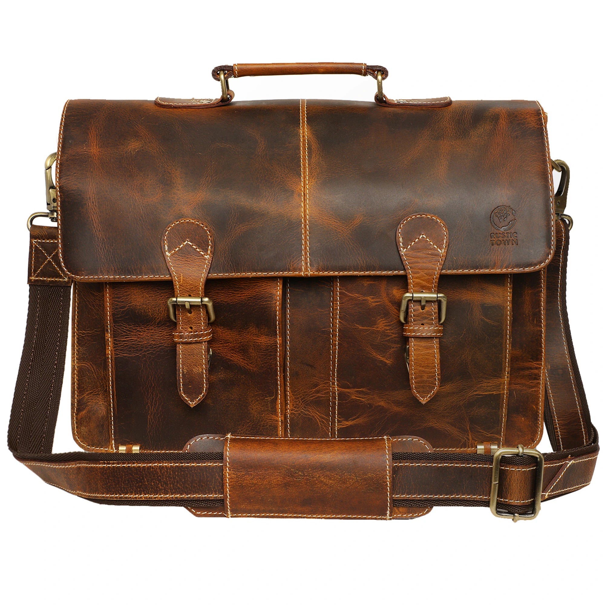 Wayne Premium 16 Inch Genuine Leather Satchel Briefcase for Men - Business Laptop Bag with Shoulder Strap (Antique Brown) - Perfect for Office, Work, Travel & Daily Commute