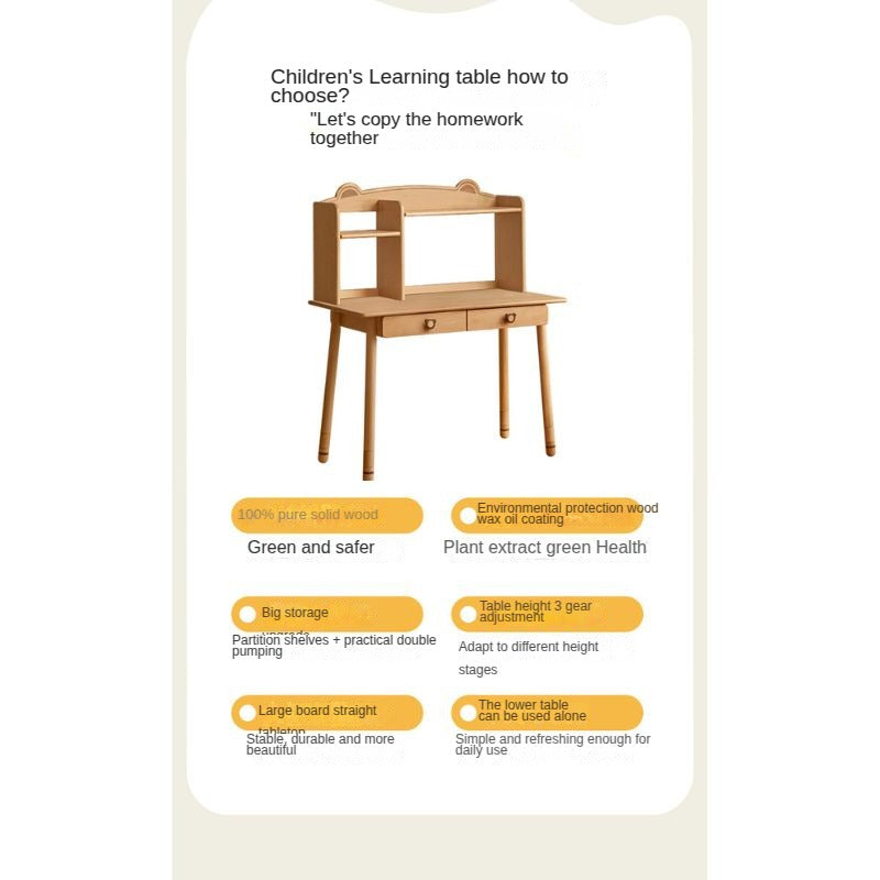 Solid Wood Kids Study Desk - Beech & Oak Wooden Children's Writing Table for Homework & Drawing | Perfect for Bedroom, Homeschool & Classroom Use