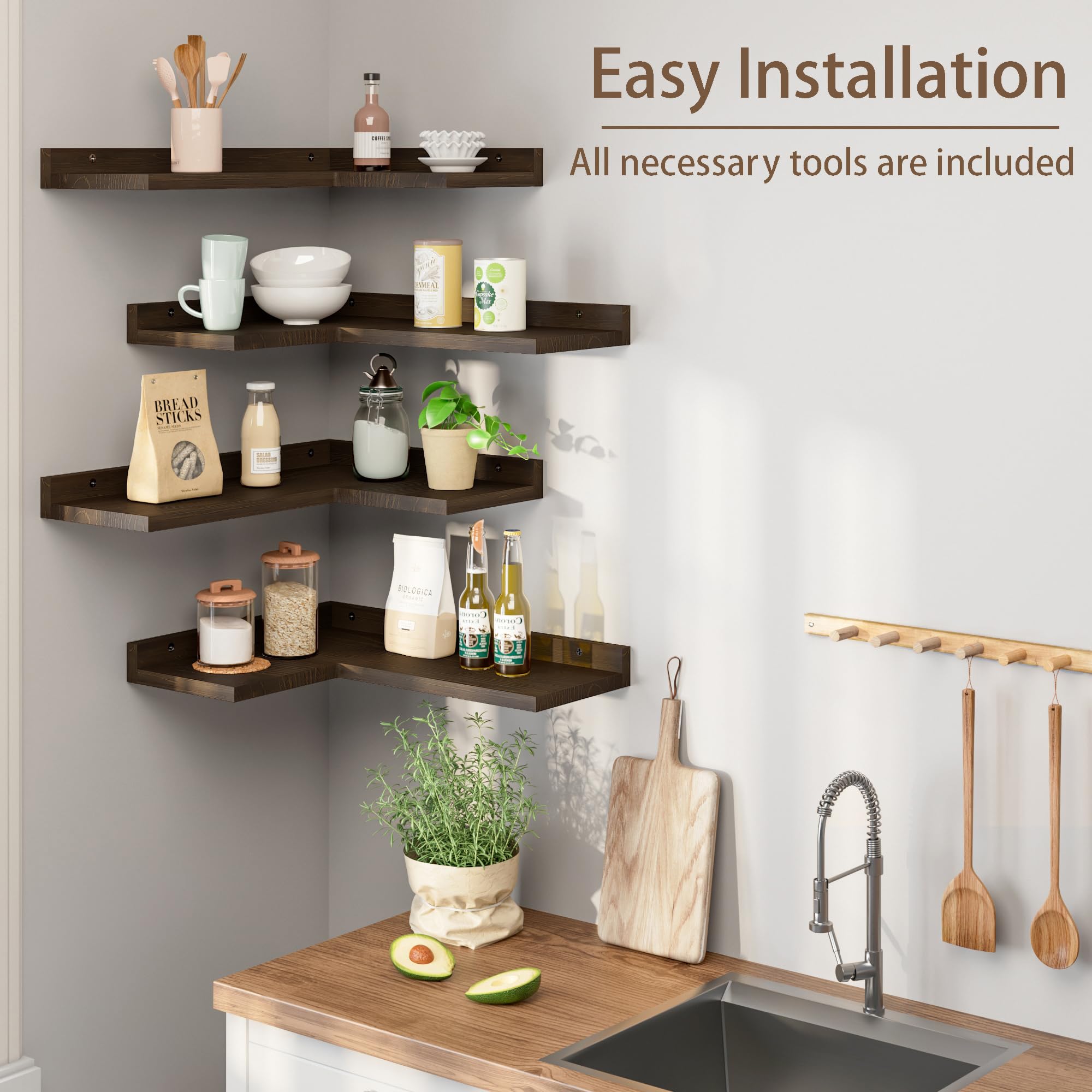 Rustic Pine Wood Floating Corner Shelves Set of 4 - Dark Brown L-Shaped Wall Mounted Storage Shelves for Bedroom, Living Room, Bathroom & Kitchen | Perfect for Home Decor, Books, Plants & Display Items