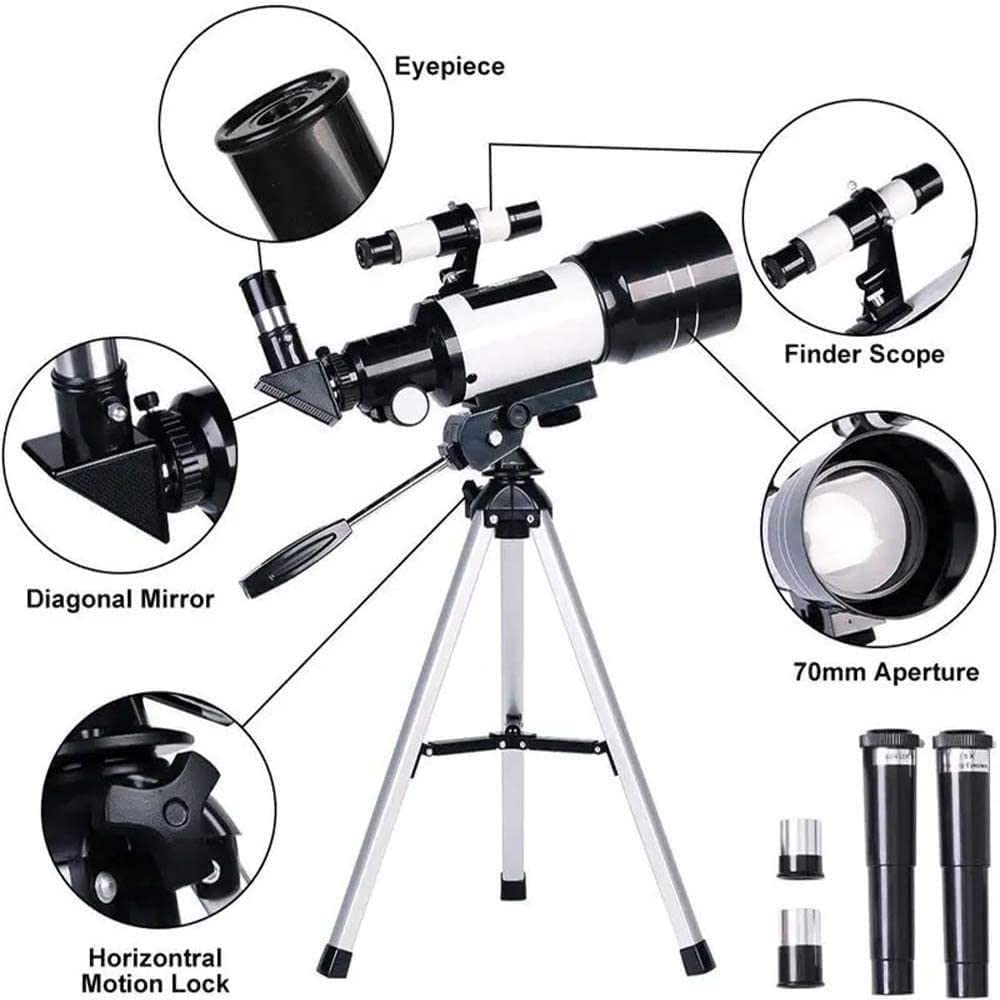 **70mm Aperture 300mm High Magnification Astronomical Refractor Telescope for Kids & Beginners - Portable Travel Telescope with Tripod for Stargazing, Bird Watching & Outdoor Adventures**
