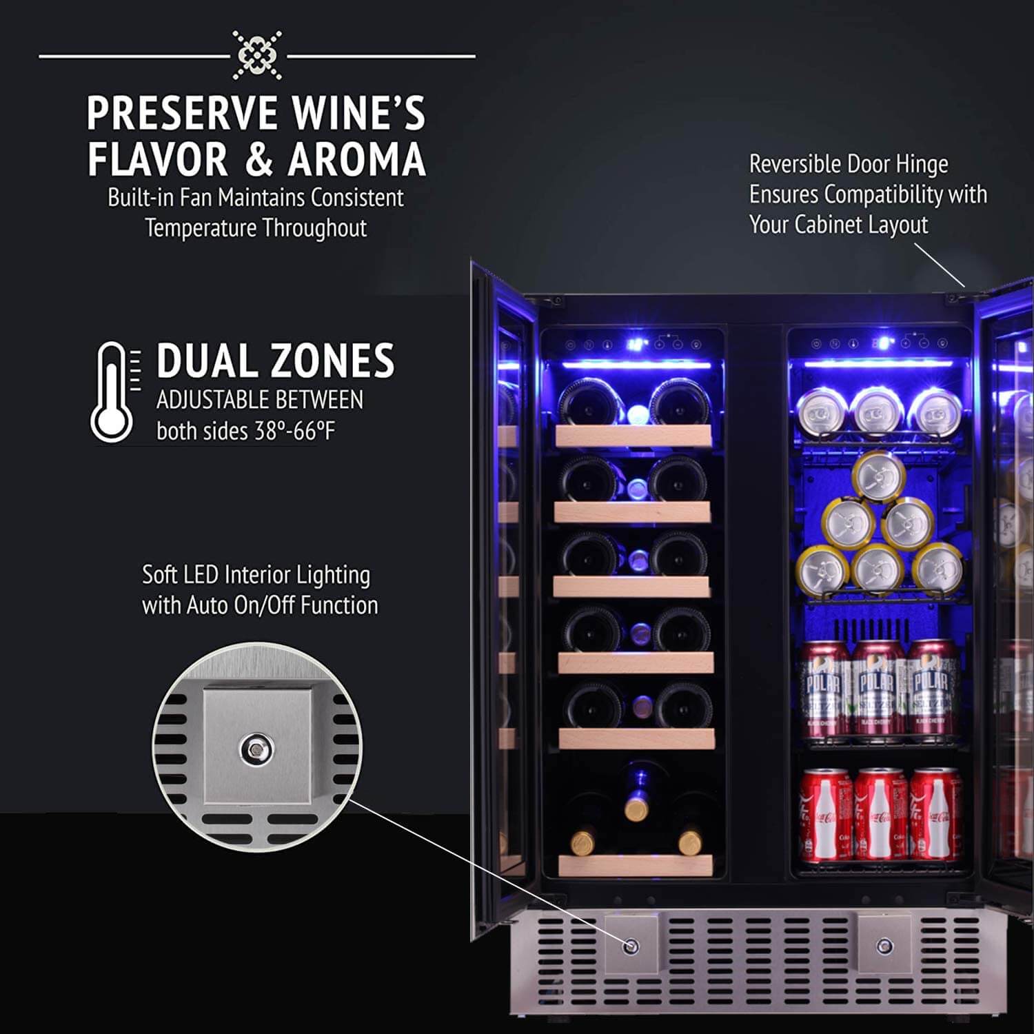 Antarctic Star W515 24 Inch 2 Door Dual Zone Beverage Refrigerator with Digital Temperature Control - Perfect for Wine, Beer, and Soda Storage in Home Bars, Offices, and Restaurants