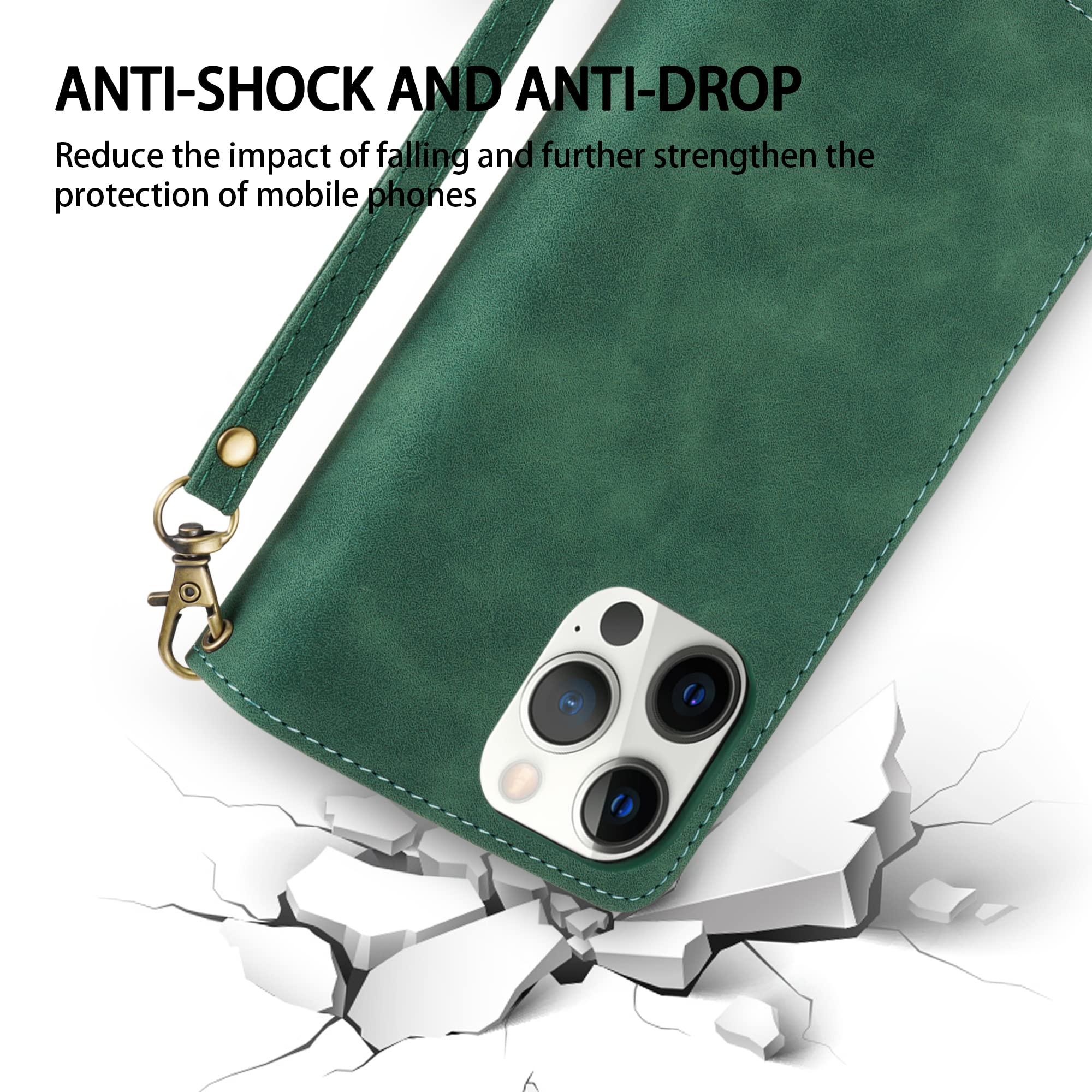 Premium Soft PU Leather Zipper Flip Folio Wallet Case for iPhone 12 Pro Max (6.7 inch) - Card Slots, Wrist Strap & Kickstand | Slim Protective Cover for Daily Use, Travel & Business (Green)