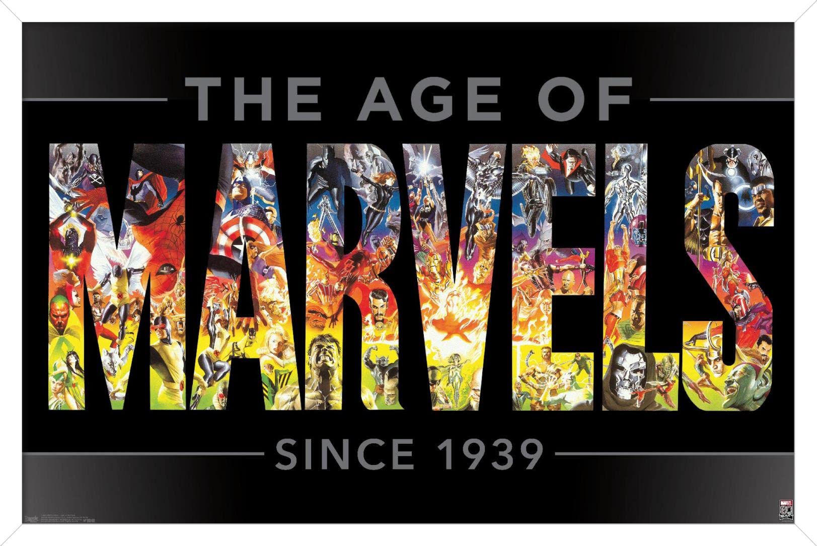 Marvel Comics 80th Anniversary Wall Poster - Age of Marvels Framed Art Print 22.375x34 Inches - Premium White Frame for Home, Office & Game Room Decor