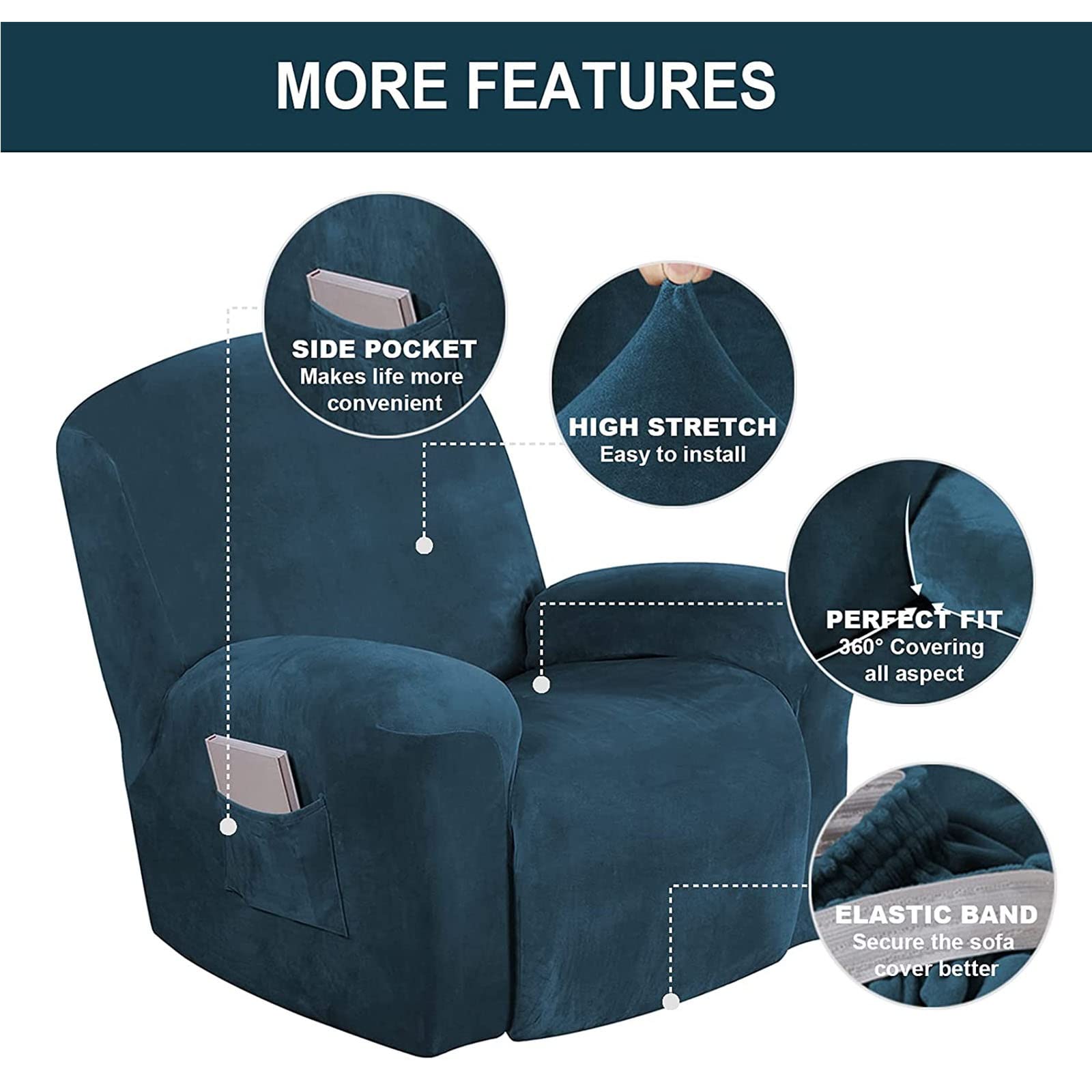 4-Piece Velvet Recliner Chair Covers - Stretch Furniture Protector for 1-Seater Armchairs, Sofas & Couches | Pet & Kid Friendly | Perfect for Living Room, Home Theater & Nursery (Fits Cats & Dogs)