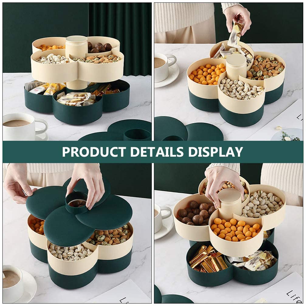 Rotating Double-Layer Plastic Snack Serving Tray with Lid - Divided Candy Nut Dish for Parties, Weddings, Restaurants & Home Use - Perfect for New Year Celebrations, Movie Nights & Family Gatherings