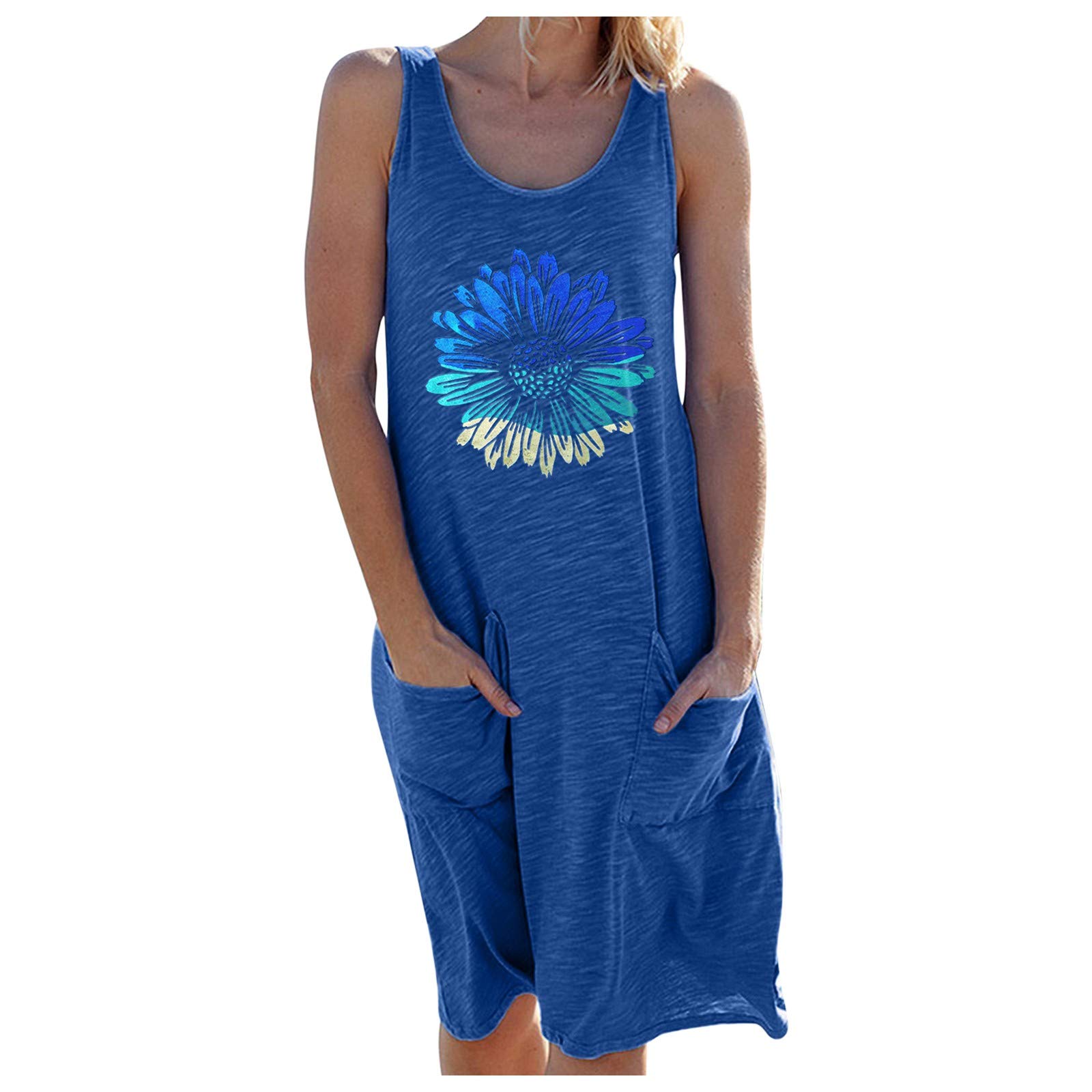Women's Casual Sleeveless Floral Print Dress with Pockets - Round Neck Hawaiian Summer Dress for Beach Vacation, Party & Everyday Wear