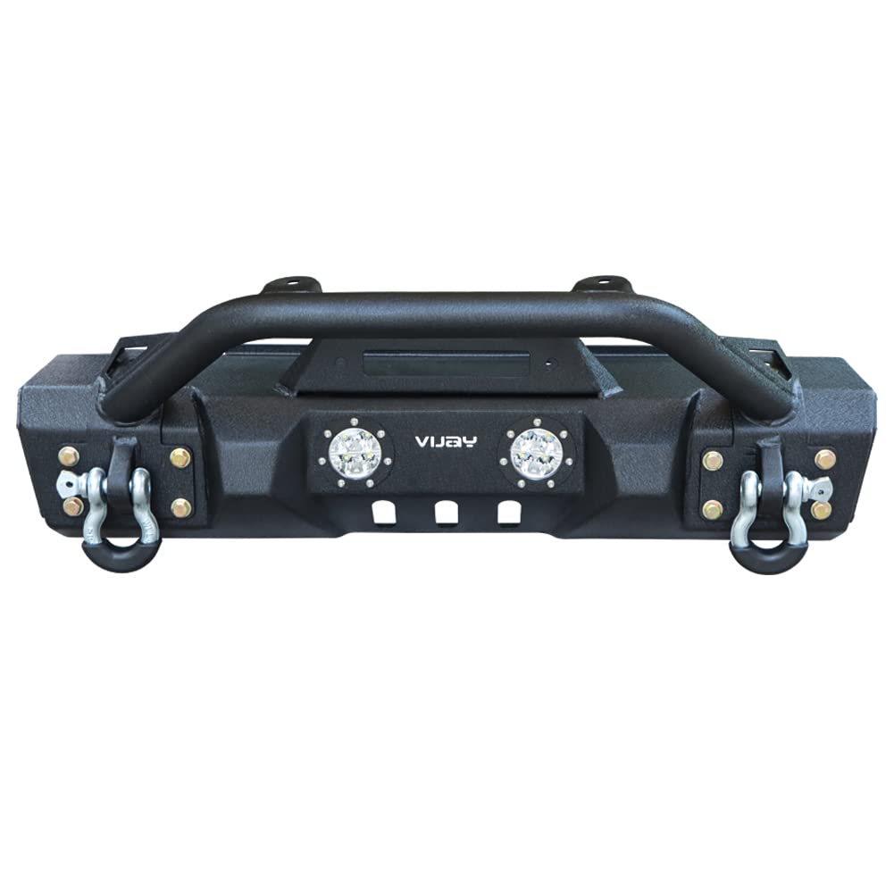 Black Textured Front Bumper with Winch Plate, 4 Aluminum Lights & 2 D-Rings for 1997-2006 Jeep Wrangler TJ - Off-Road Protection & Adventure-Ready Upgrade