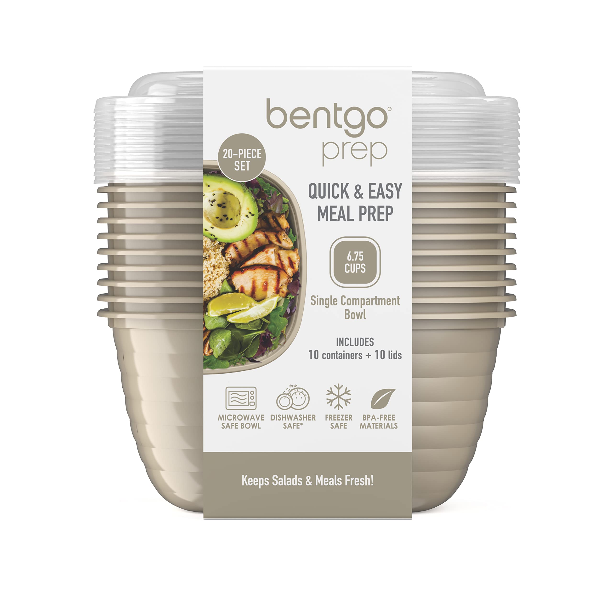 Bentgo Prep - 10-Pack Reusable 1-Compartment Meal Prep Bowls with Custom Fit Lids - BPA-Free, Microwave, Freezer & Dishwasher Safe Food Storage Containers - Ideal for Meal Prepping, Leftovers & Office Lunches (Champagne)