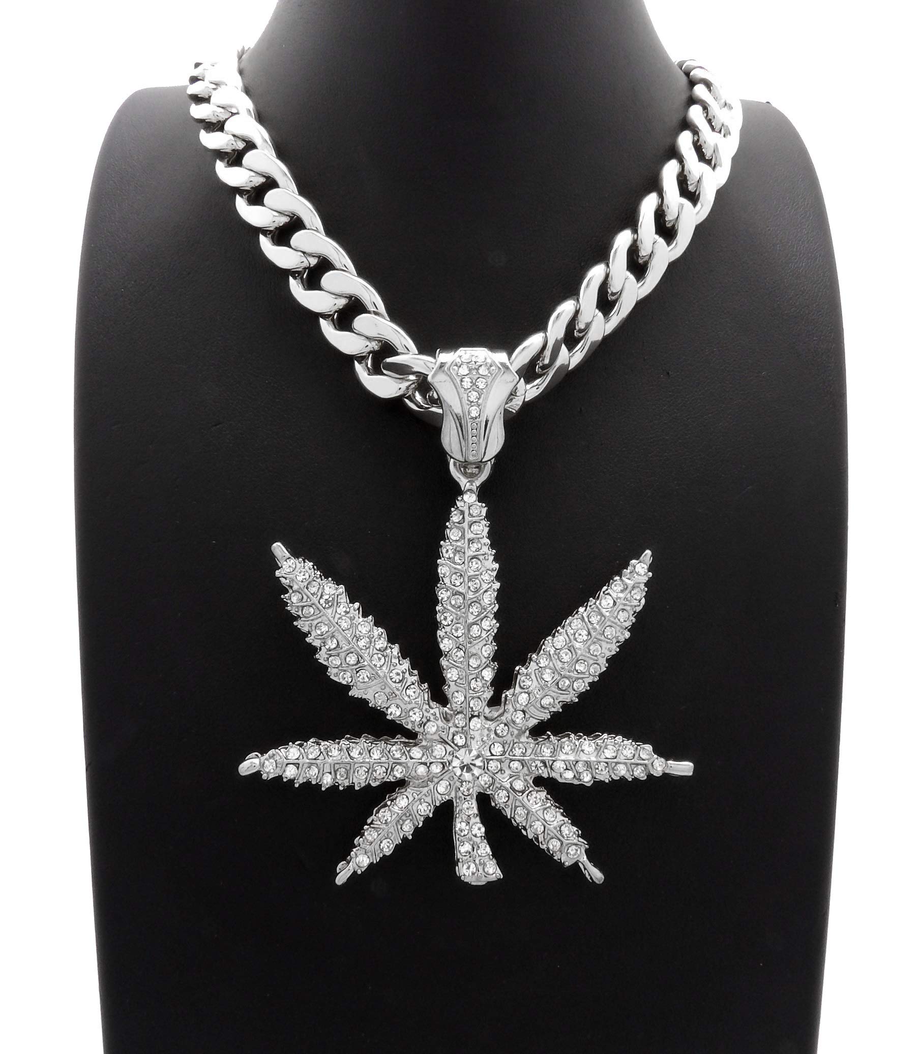 11mm Iced Out Marijuana Leaf Pendant with 20 Cuban Chain - Hip Hop Necklace RC3351R for Men & Women - Perfect for Rappers, Streetwear Fashion & Weed Enthusiasts