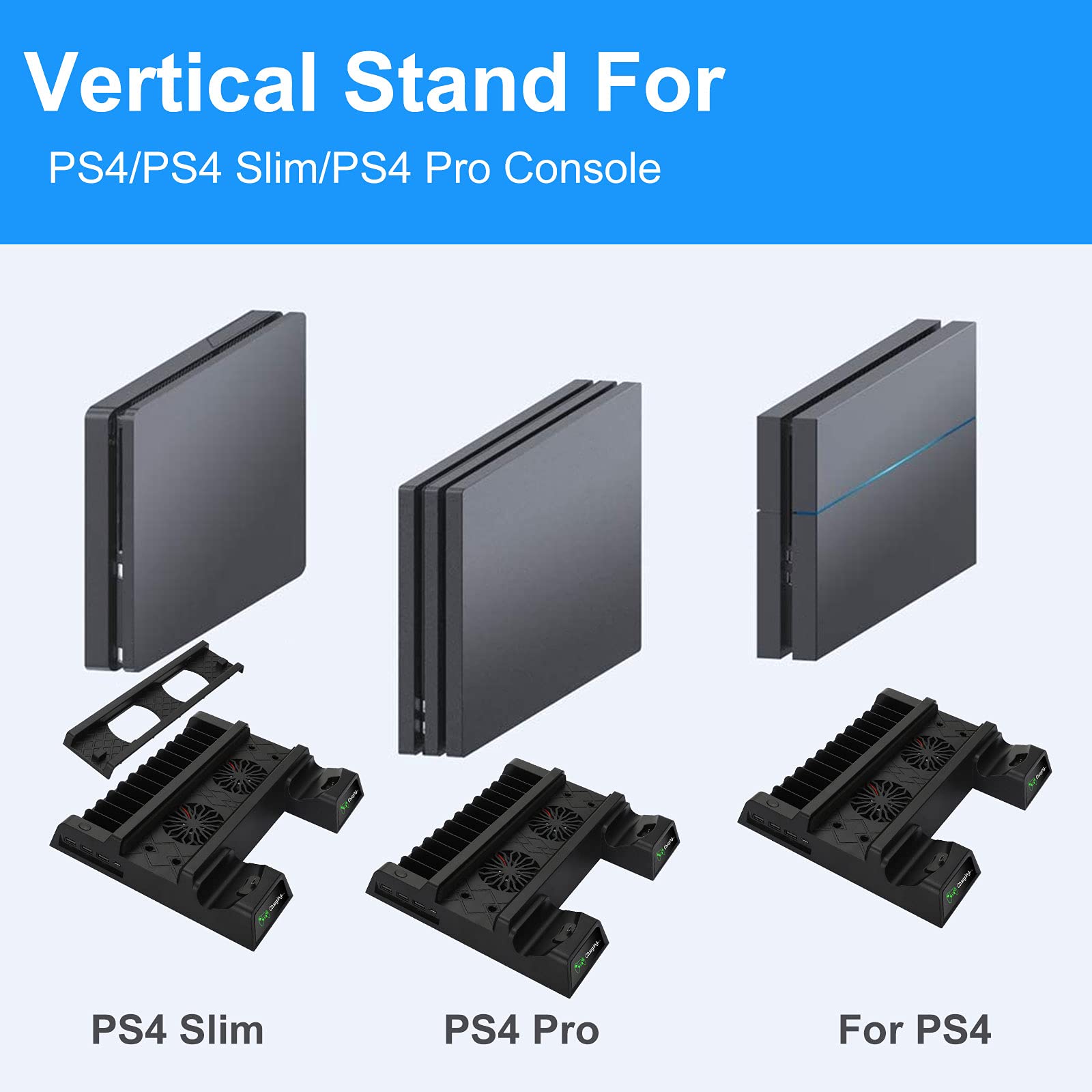 EEEKit PS4 Cooling Fan with Vertical Stand, 2 Controller Charging Stations & 12 Game Storage - Compatible with PlayStation PS4, PS4 Slim, PS4 Pro - Perfect for Gaming Sessions & Console Protection
