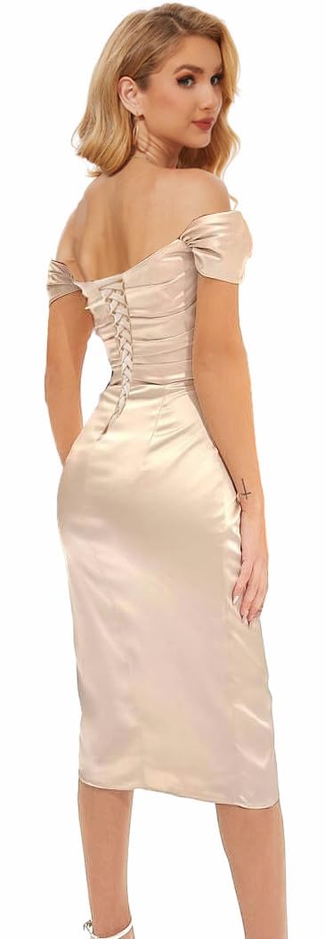 Zoghoo Women's Satin Bridesmaid Dress with High Slit & Off-Shoulder Neckline - Elegant Midi Formal Evening Gown for Wedding Guest, Prom, Cocktail Party & Special Occasions