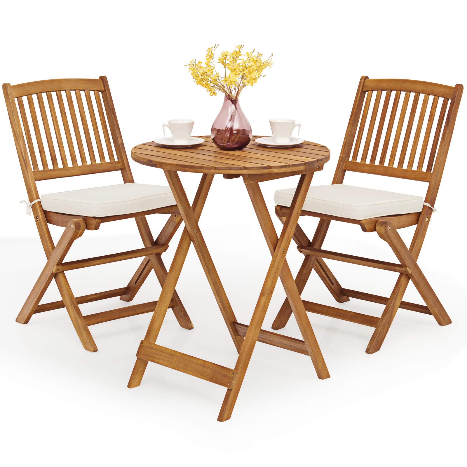 Tangkula 3-Piece Patio Folding Bistro Set - Acacia Wood Outdoor Dining Table & Chairs with Padded Cushions, Round Coffee Table - Perfect for Garden, Poolside, Balcony & Indoor Use (Cream)