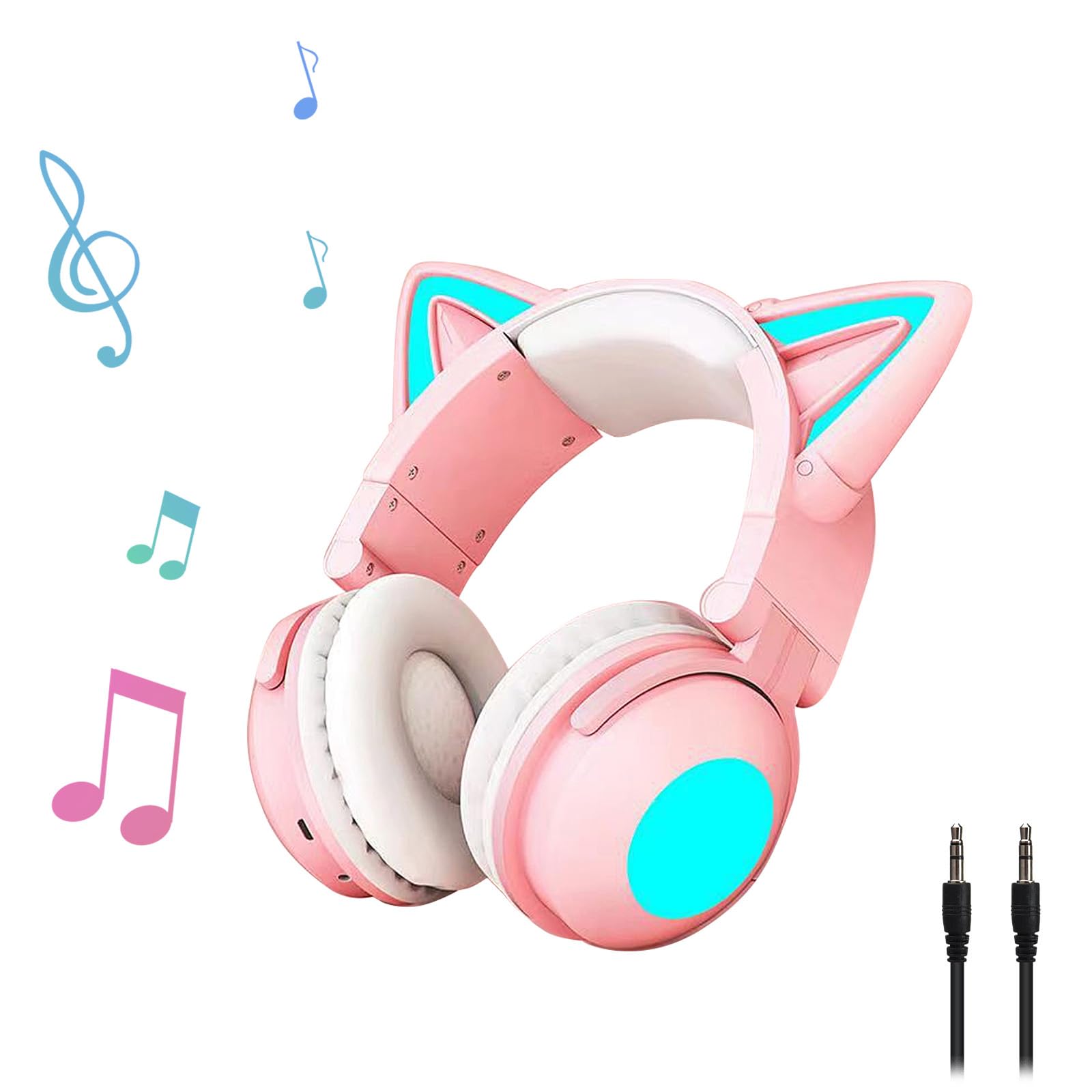 Pink Cat Ear Headphones with Mic - Bluetooth 5.0 Gaming Headset, RGB LED Light Up Ears, Foldable & Adjustable Over-Ear Design, Wireless/3.5mm Wired for PC, Mobile, Tablet - Perfect for Gaming, Streaming & Cosplay