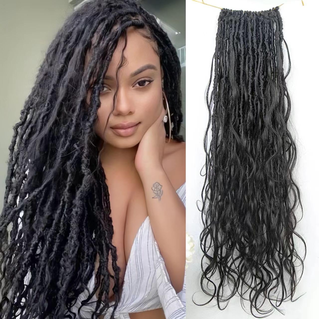 Pre-Looped Crochet Boho Faux Locs with Human Hair - 26 Inch Body Wave Curls & Curly Ends Box Braids - 2 Pack (48 Strands) for Protective Hairstyles & Boho Chic Looks