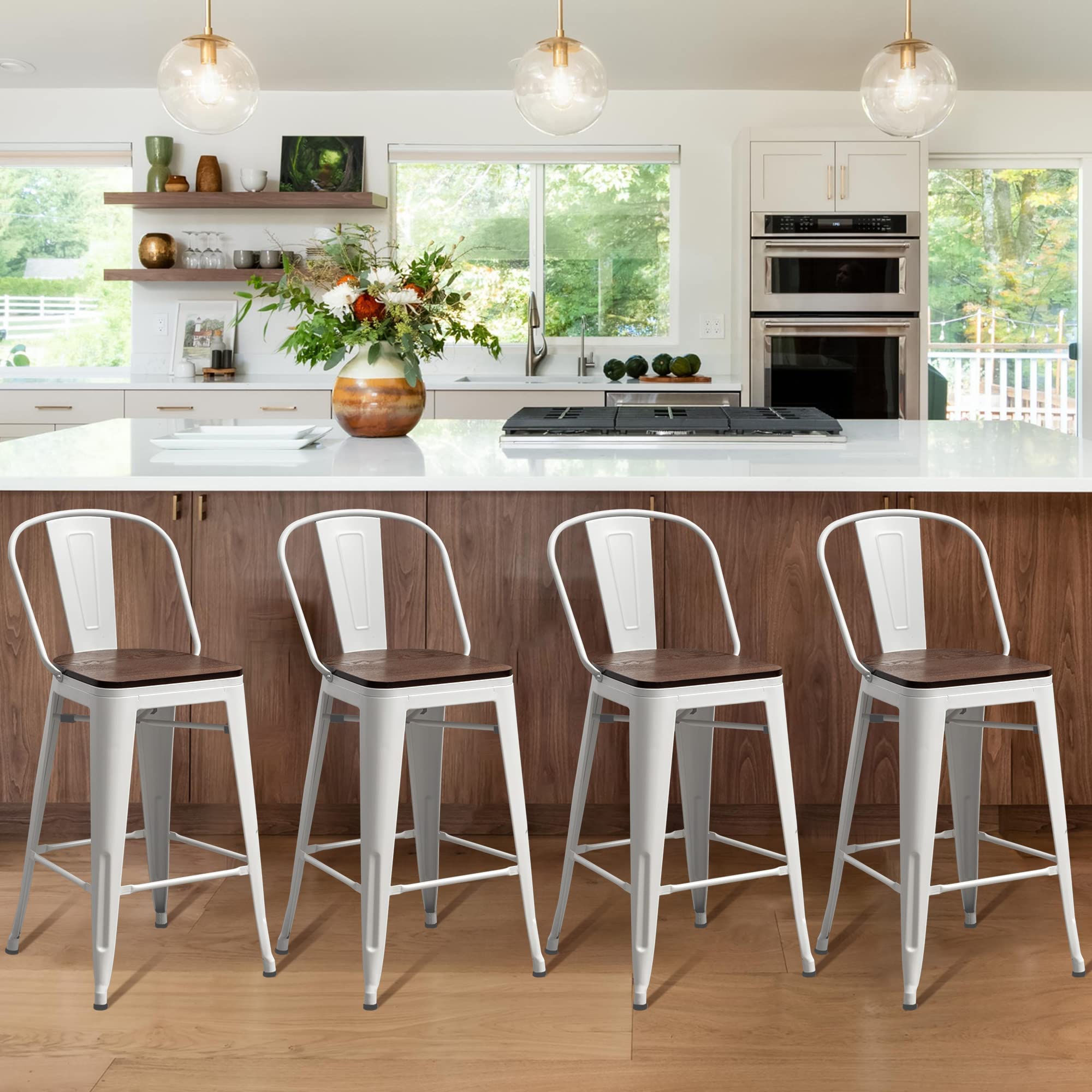 Aklaus 30 Inch Metal Bar Stools Set of 4 - Farmhouse Style Bar Height Stools with Backs & Larger Seat - Modern High Back Kitchen & Dining Chairs in White Cream - Perfect for Home Bars, Kitchen Islands & Breakfast Nooks