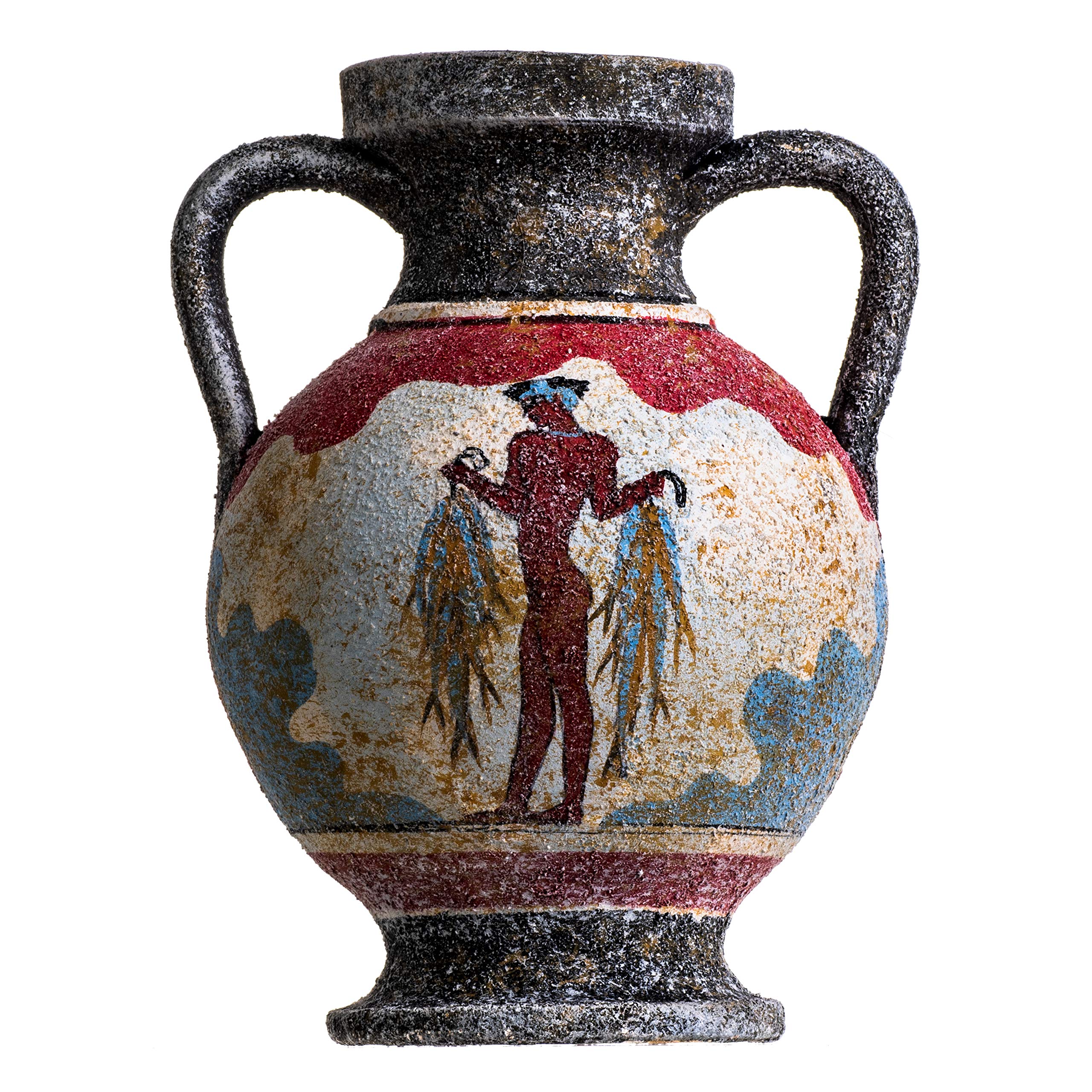 Ancient Greek Minoan Amphora Fisherman Handmade Ceramic Vase - Small Pottery Artifact for Home Decor, Museum Replica & Mediterranean Style Interior Design