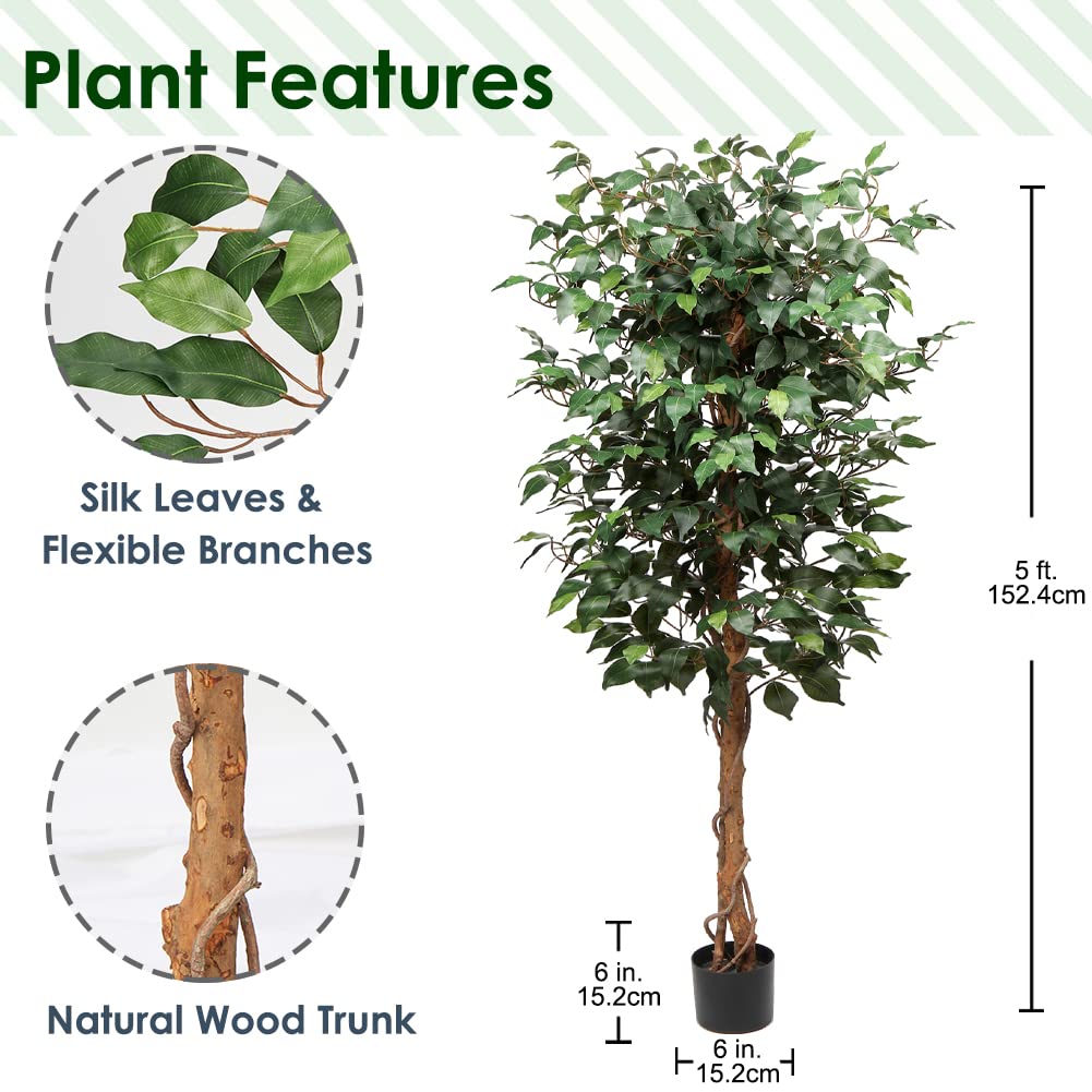 5ft Artificial Ficus Tree in Cotton Pot - Realistic Silk Plant with Green Leaves & Natural Trunk - Perfect for Indoor/Outdoor Home, Office, Garden Decor (Living Room, Patio, Balcony)