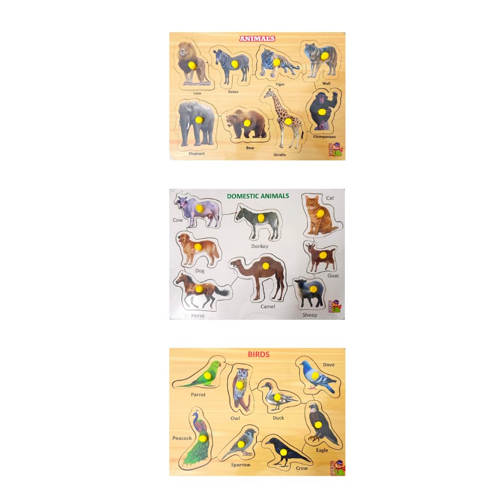 **Wooden Learning Boards for Kids & Adults - Educational Wooden Puzzle Toys Set (Fruits, ABCs, Numbers 1-20, Domestic & Wild Animals, Birds) - Perfect for Preschool Learning, Family Game Night & Montessori Activities**