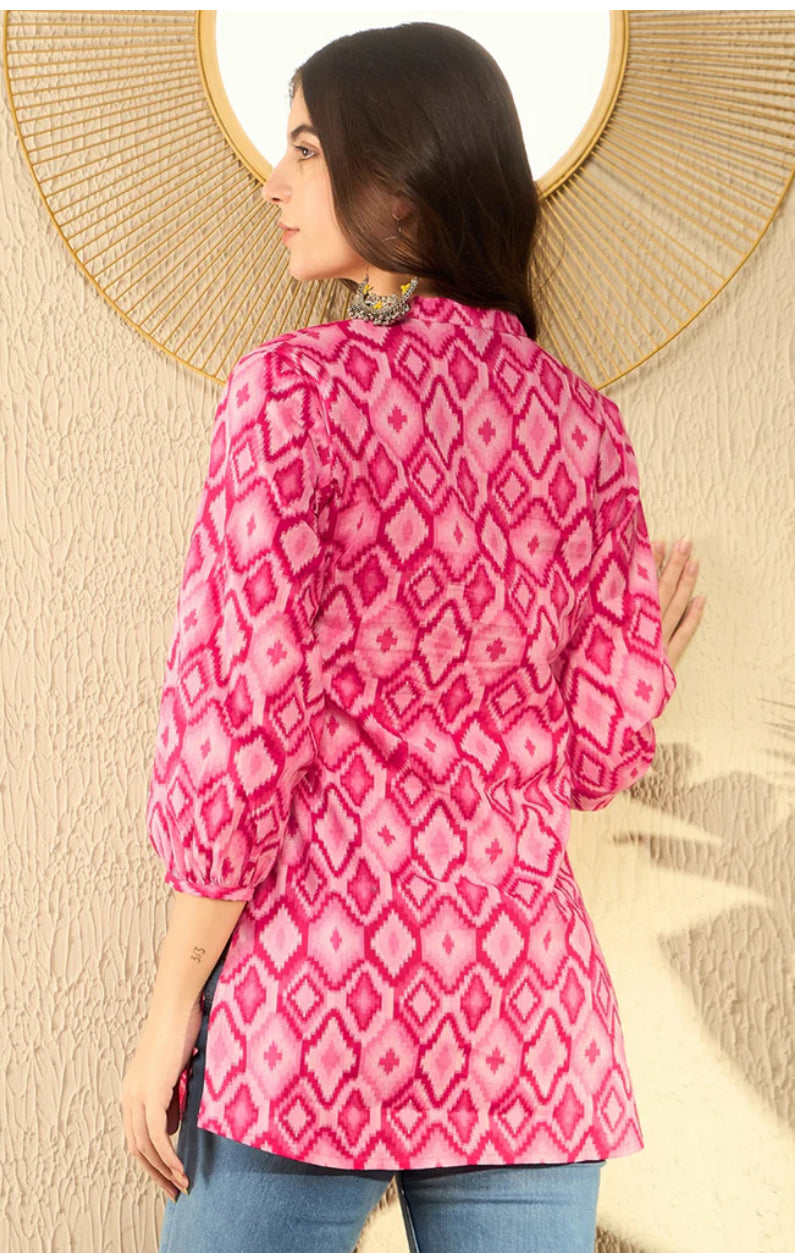 Stylish Pink Cotton Blend Ikat Printed Tunic Top for Women | Comfortable & Fashionable Summer Tunic Blouse | Perfect for Casual Outings, Beach Cover-ups & Boho Chic Outfits