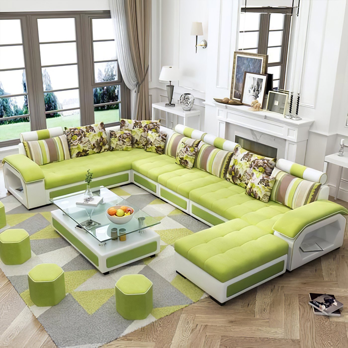 Selena Green & White Modular Tufted Sectional Sofa - Modern L-Shaped Living Room Couch with Reversible Chaise - Perfect for Small Spaces, Apartments & Family Gatherings